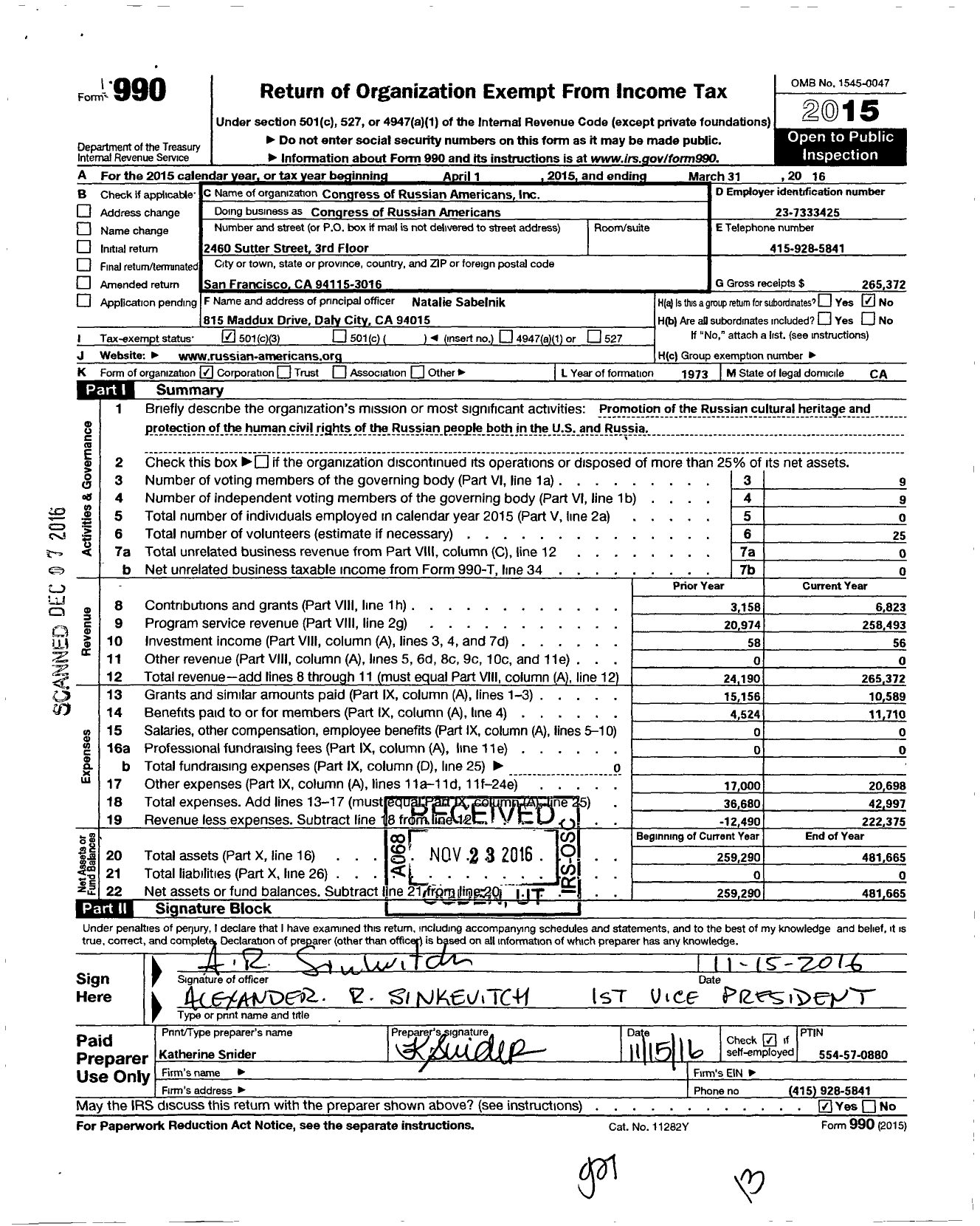 Image of first page of 2015 Form 990 for Congress of Russian Americans