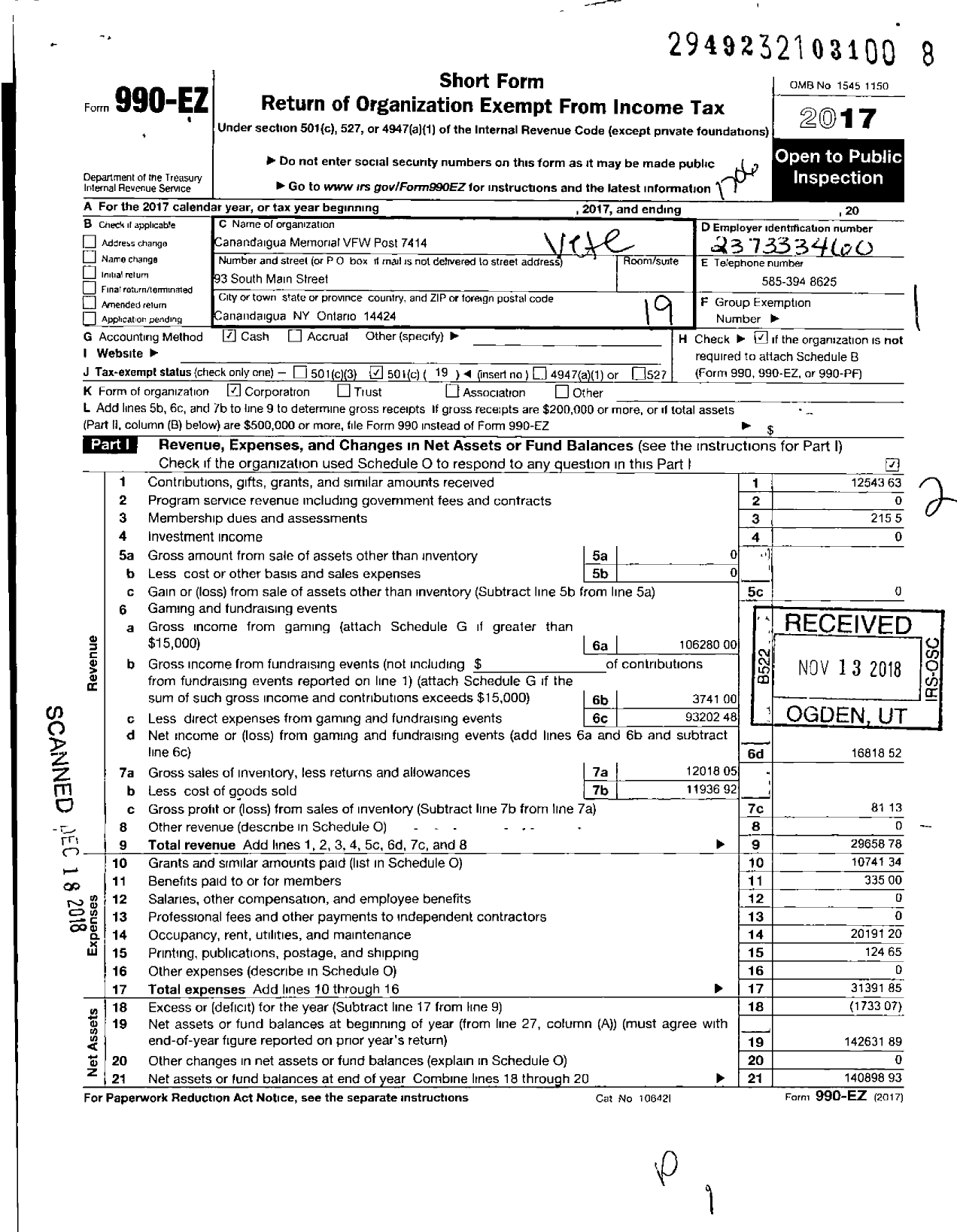 Image of first page of 2016 Form 990EO for Department of Ny VFW - 7414 Vfw-Ny