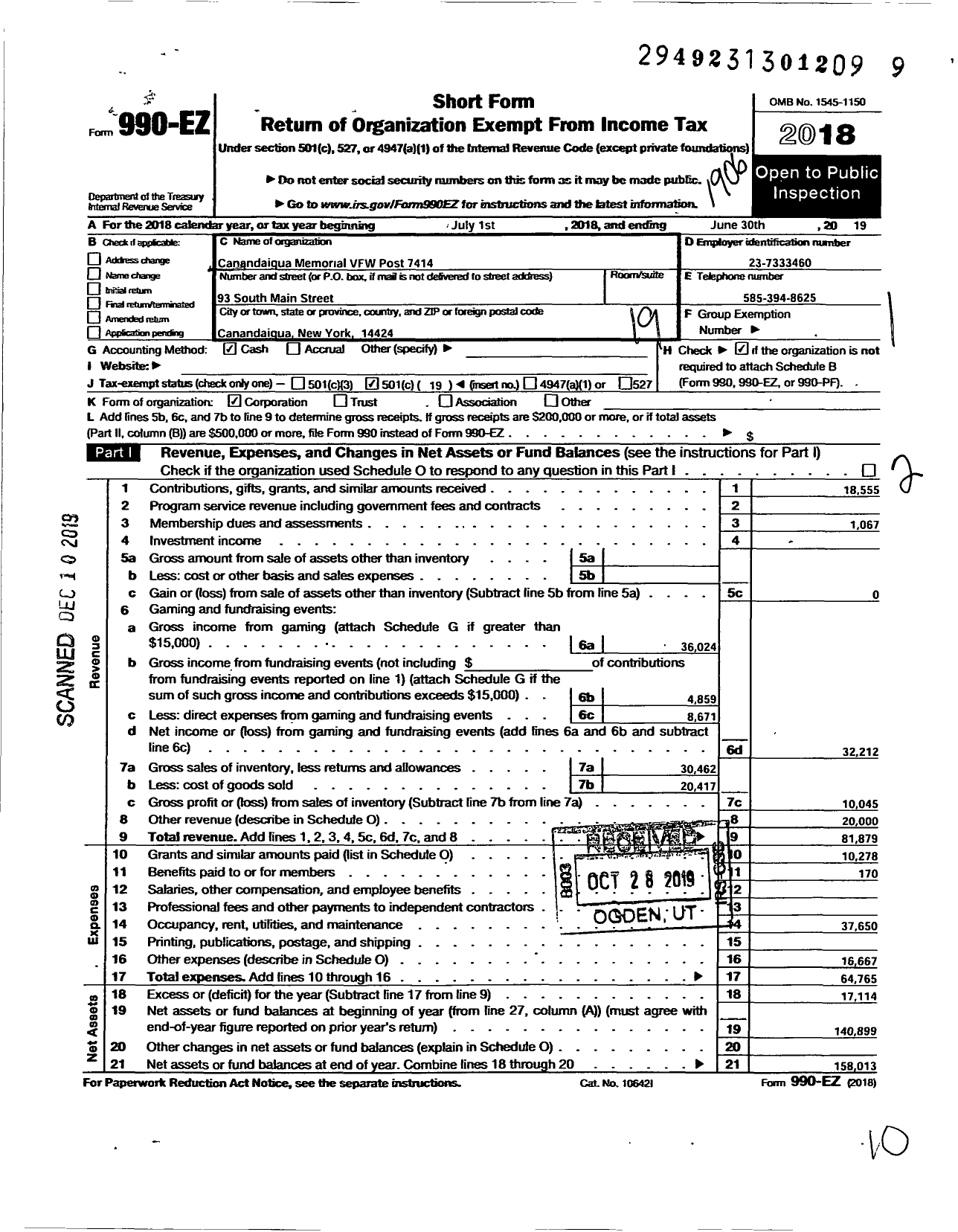 Image of first page of 2018 Form 990EO for Department of Ny VFW - 7414 Vfw-Ny