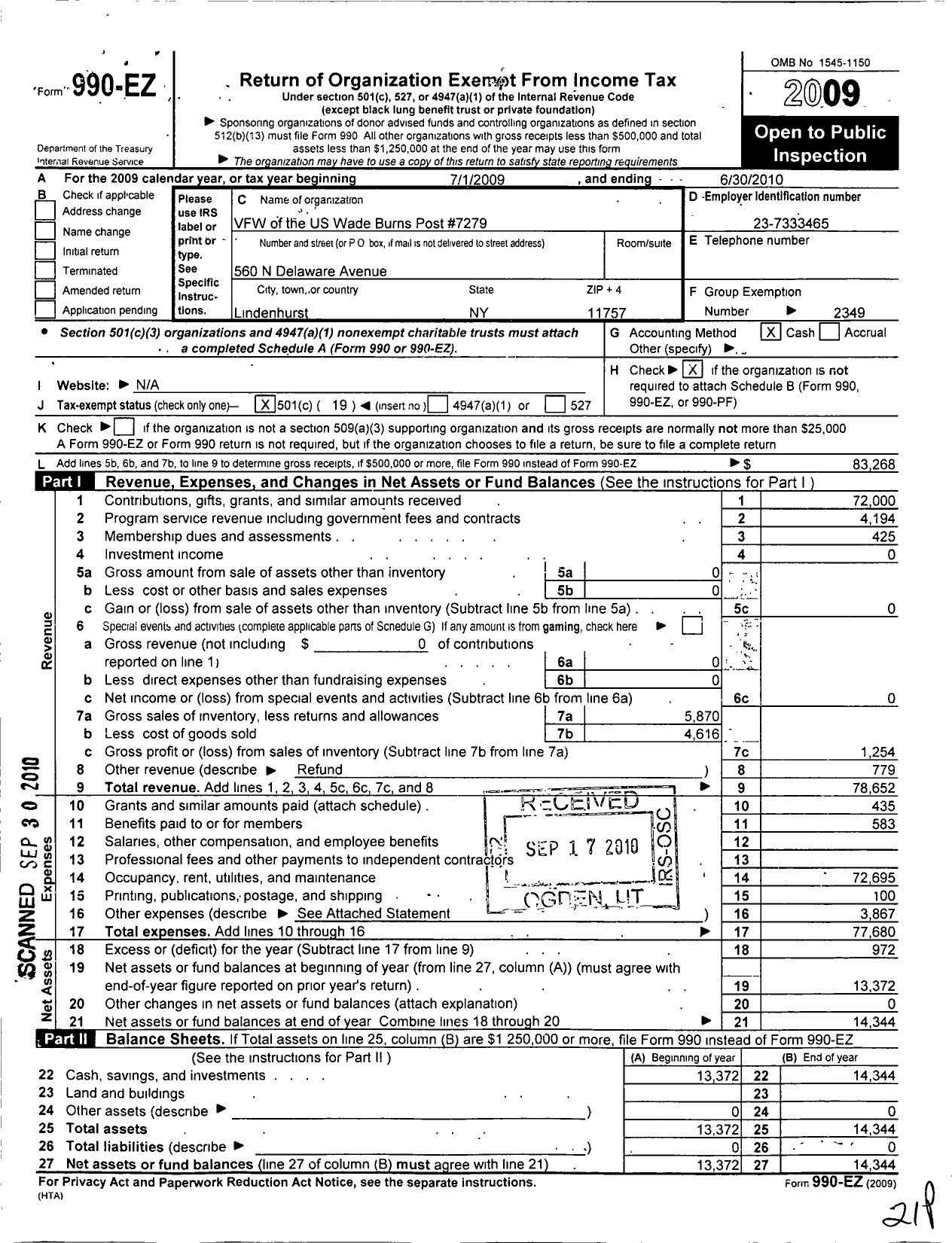 Image of first page of 2009 Form 990EO for Department of Ny VFW - 7279 Vfw-Ny Wade Burns