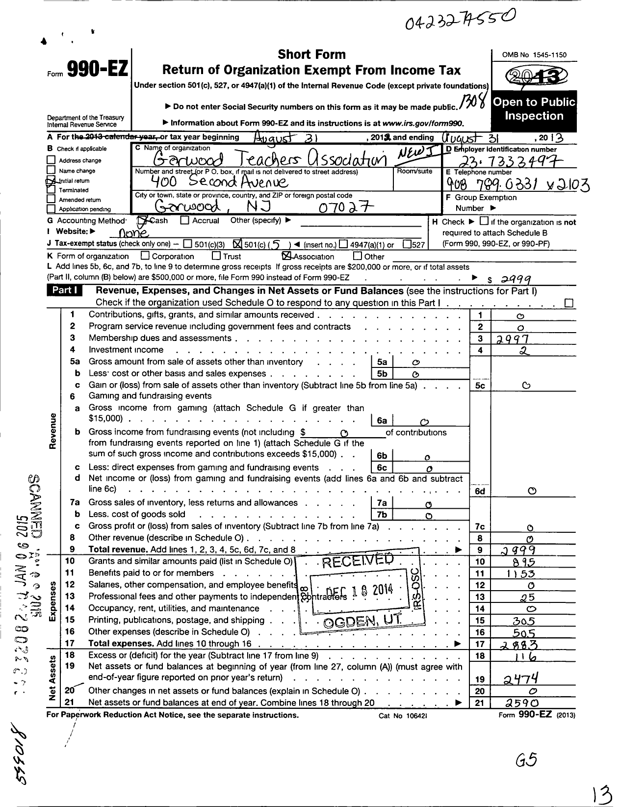 Image of first page of 2012 Form 990EO for New Jersey Education Association - Garwood TCHR Assn