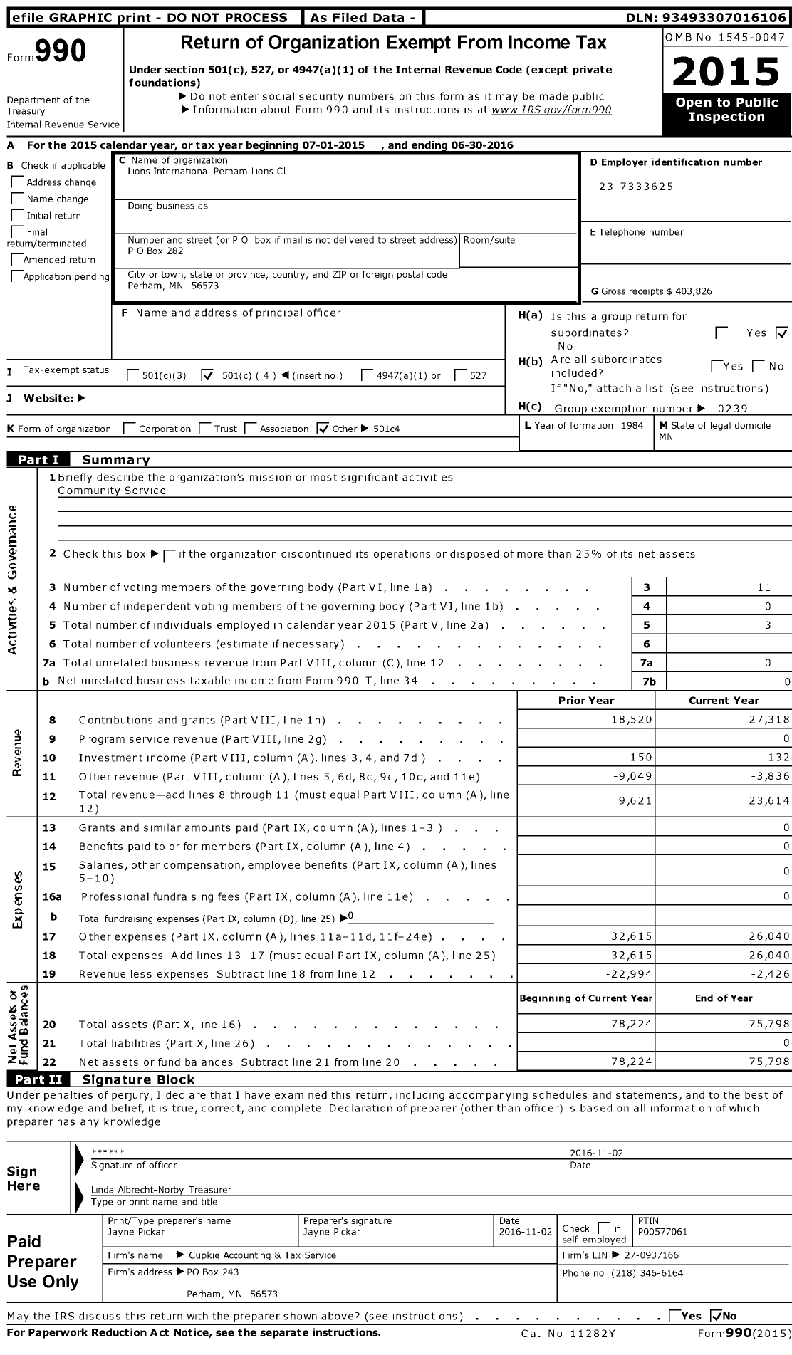 Image of first page of 2015 Form 990O for Lions Clubs - 2929 Perham