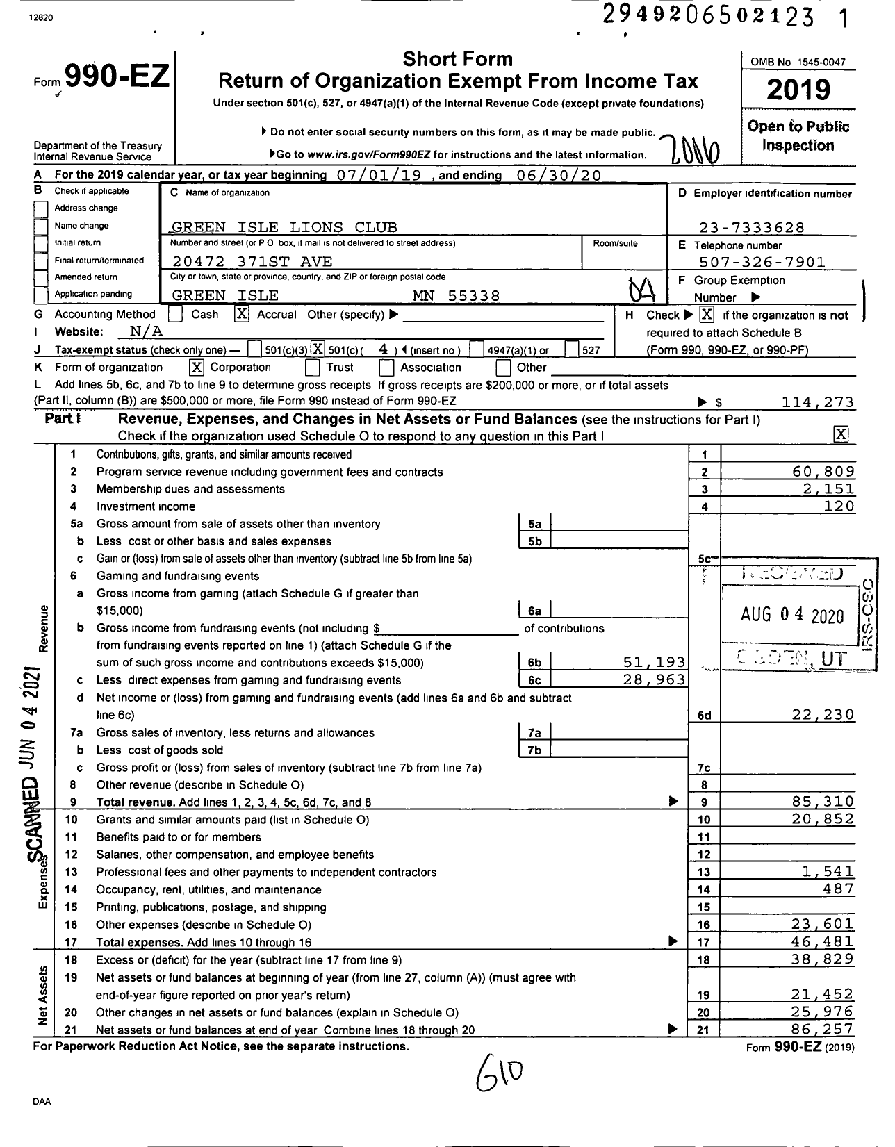 Image of first page of 2019 Form 990EO for Lions Clubs - 3003 Green Isle