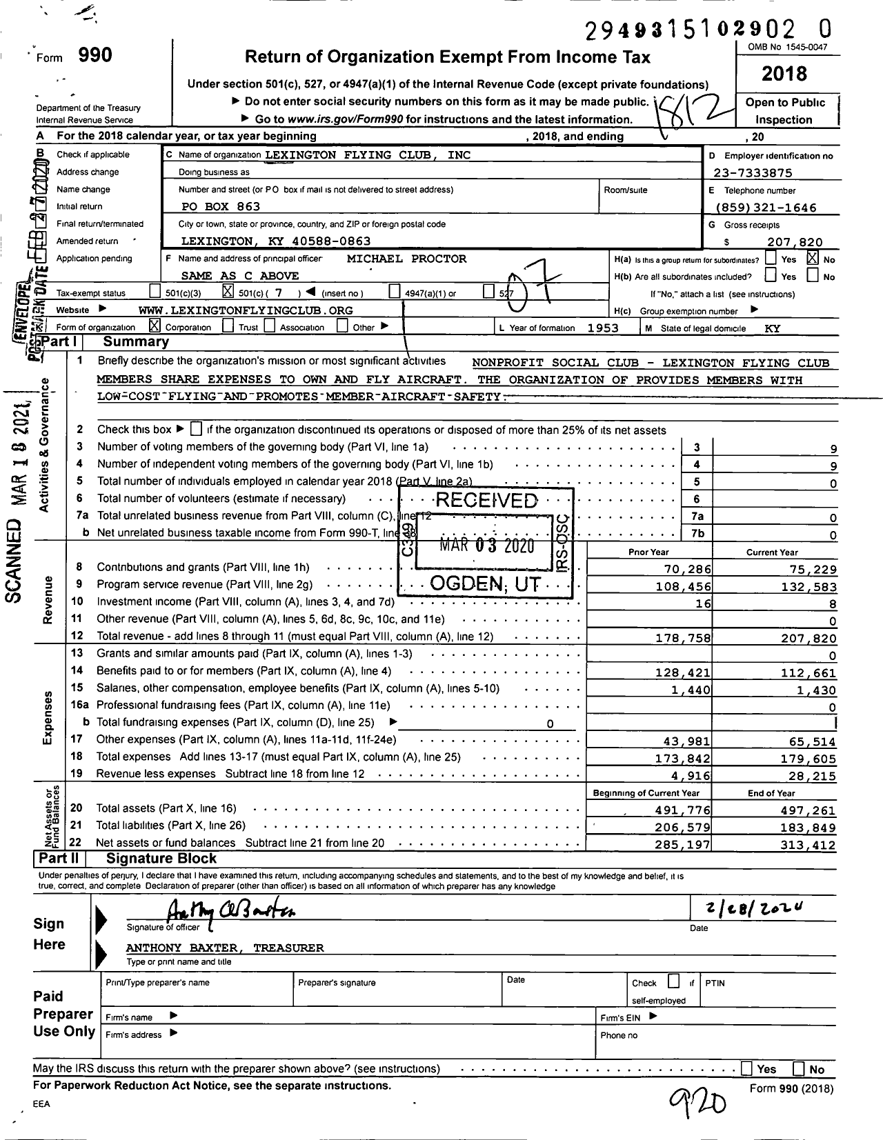 Image of first page of 2018 Form 990O for Lexington Flying Club