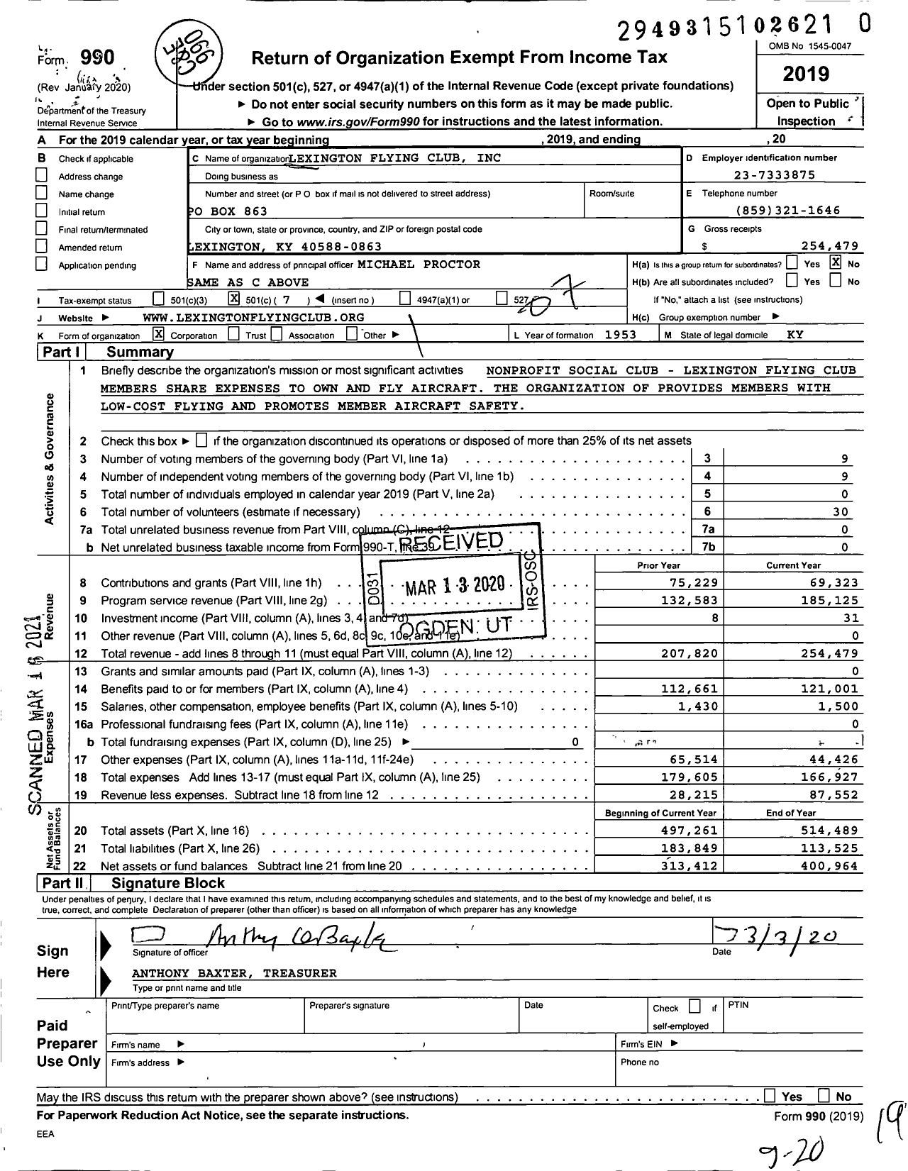 Image of first page of 2019 Form 990O for Lexington Flying Club