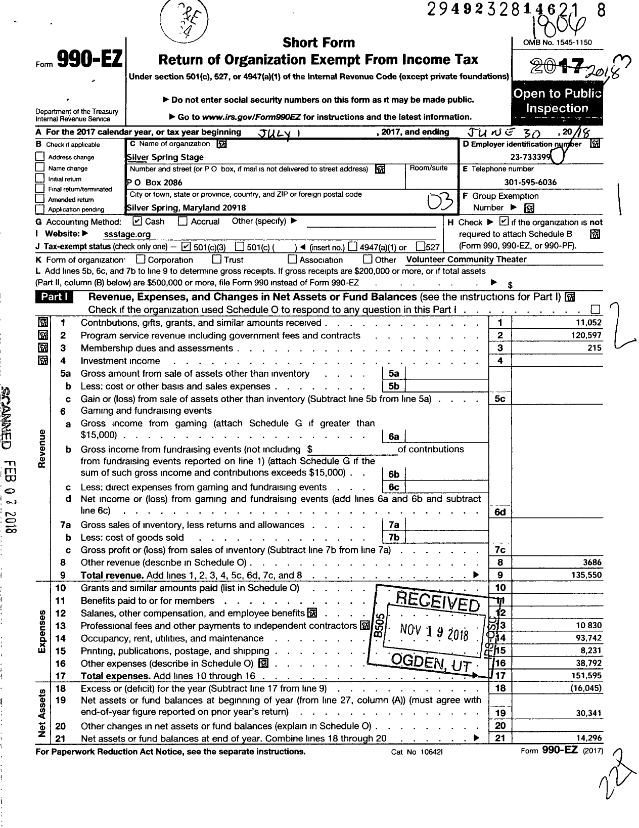 Image of first page of 2017 Form 990EZ for Silver Spring Stage Incorporated