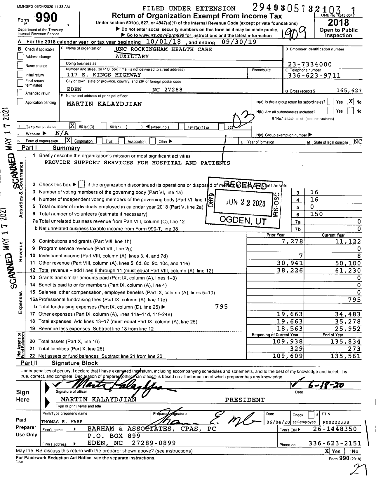 Image of first page of 2018 Form 990 for Unc Rockingham Health Care Auxiliary