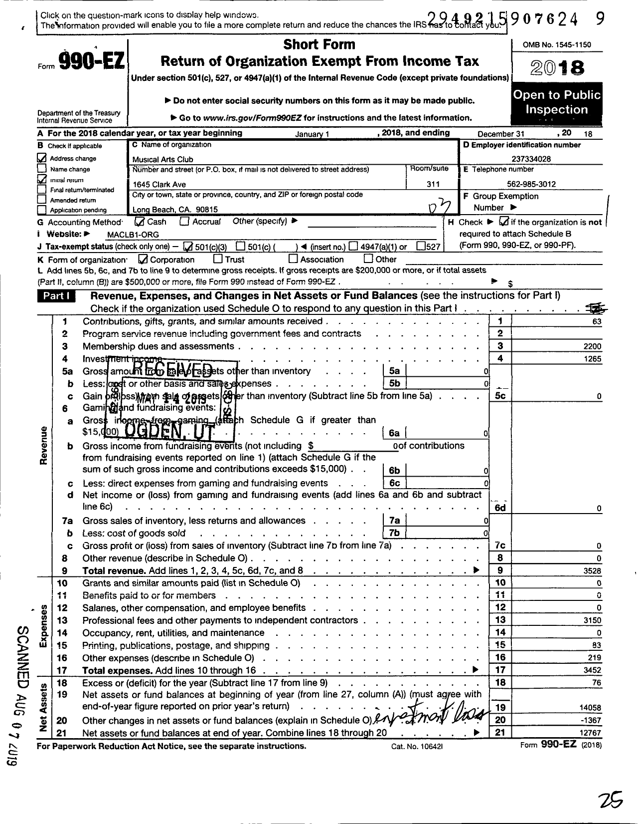 Image of first page of 2018 Form 990EZ for Musical Arts Club