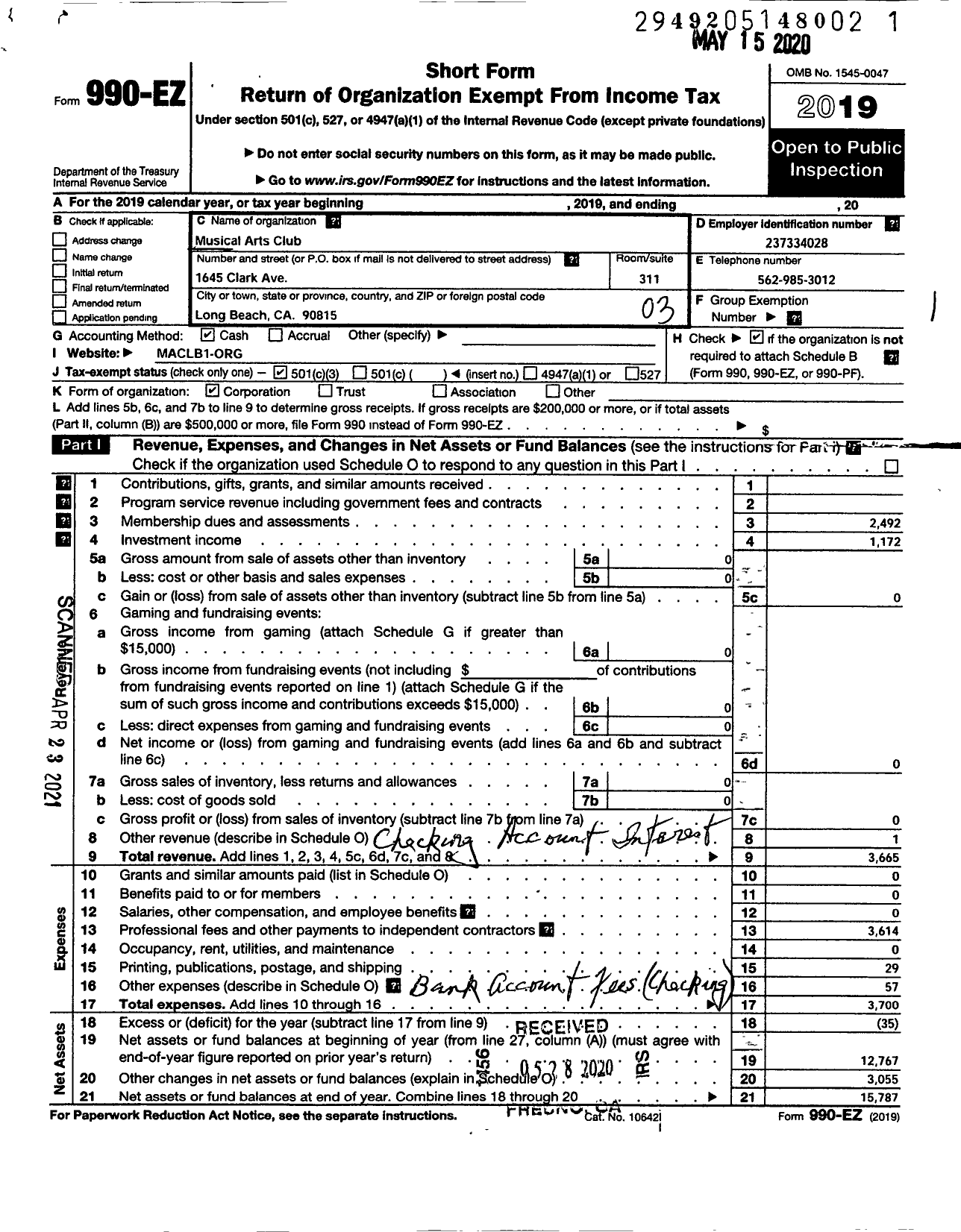 Image of first page of 2019 Form 990EZ for Musical Arts Club