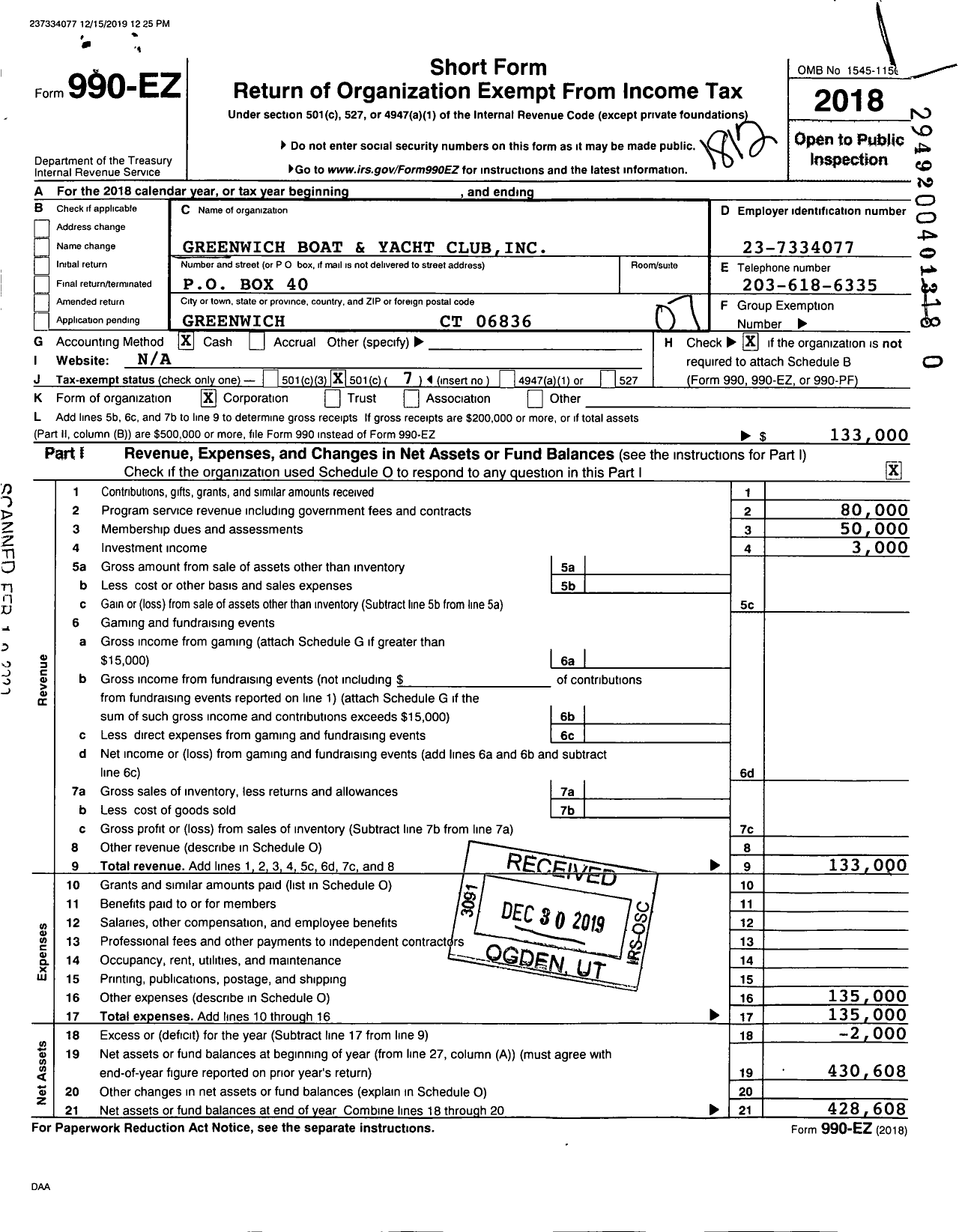 Image of first page of 2018 Form 990EO for Greenwich Boat and Yacht Club