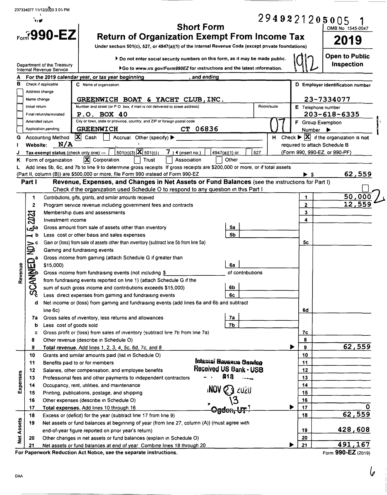 Image of first page of 2019 Form 990EO for Greenwich Boat and Yacht Club