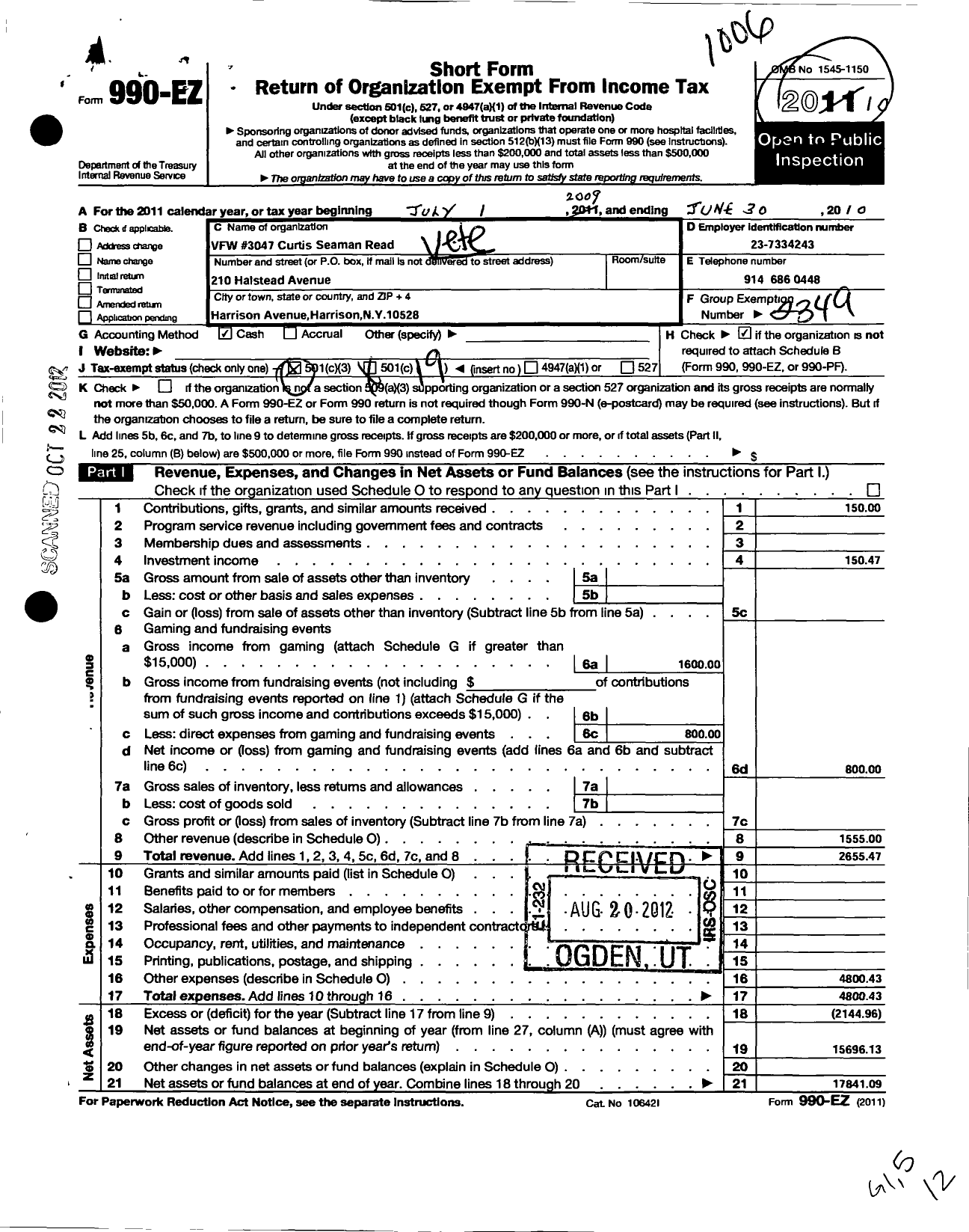 Image of first page of 2009 Form 990EO for Department of Ny VFW - 3047 Vfw-Ny Curtis Seaman Read