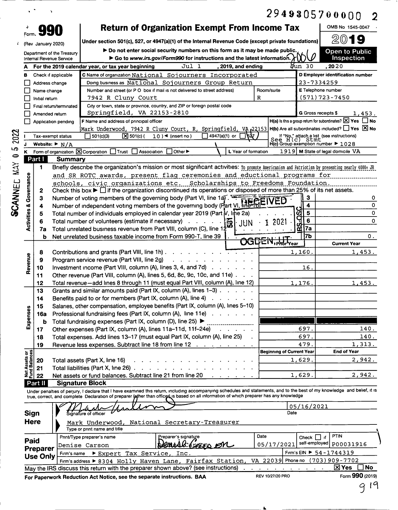 Image of first page of 2019 Form 990O for National Sojourners Group Return