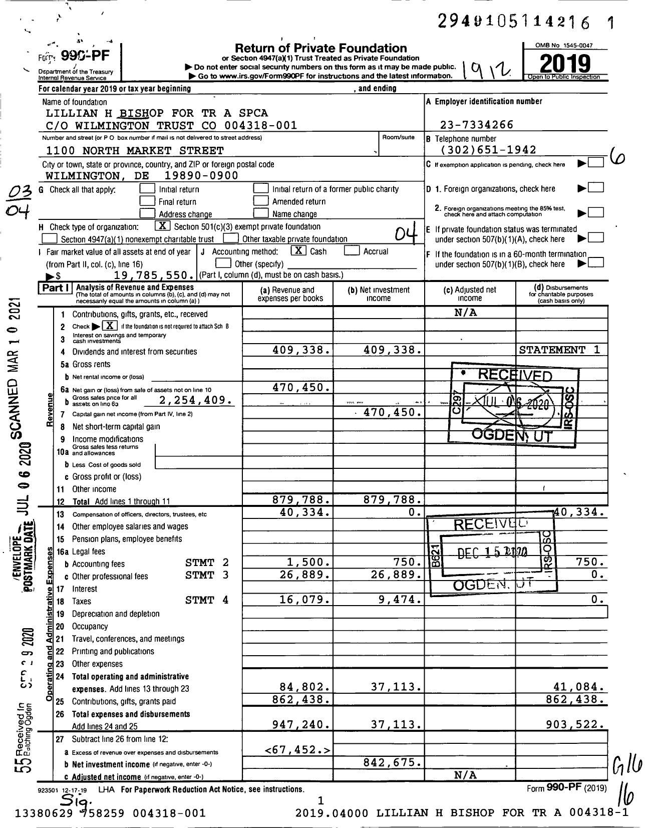 Image of first page of 2019 Form 990PF for Lillian H Bishop for TR A Spca 004318-001