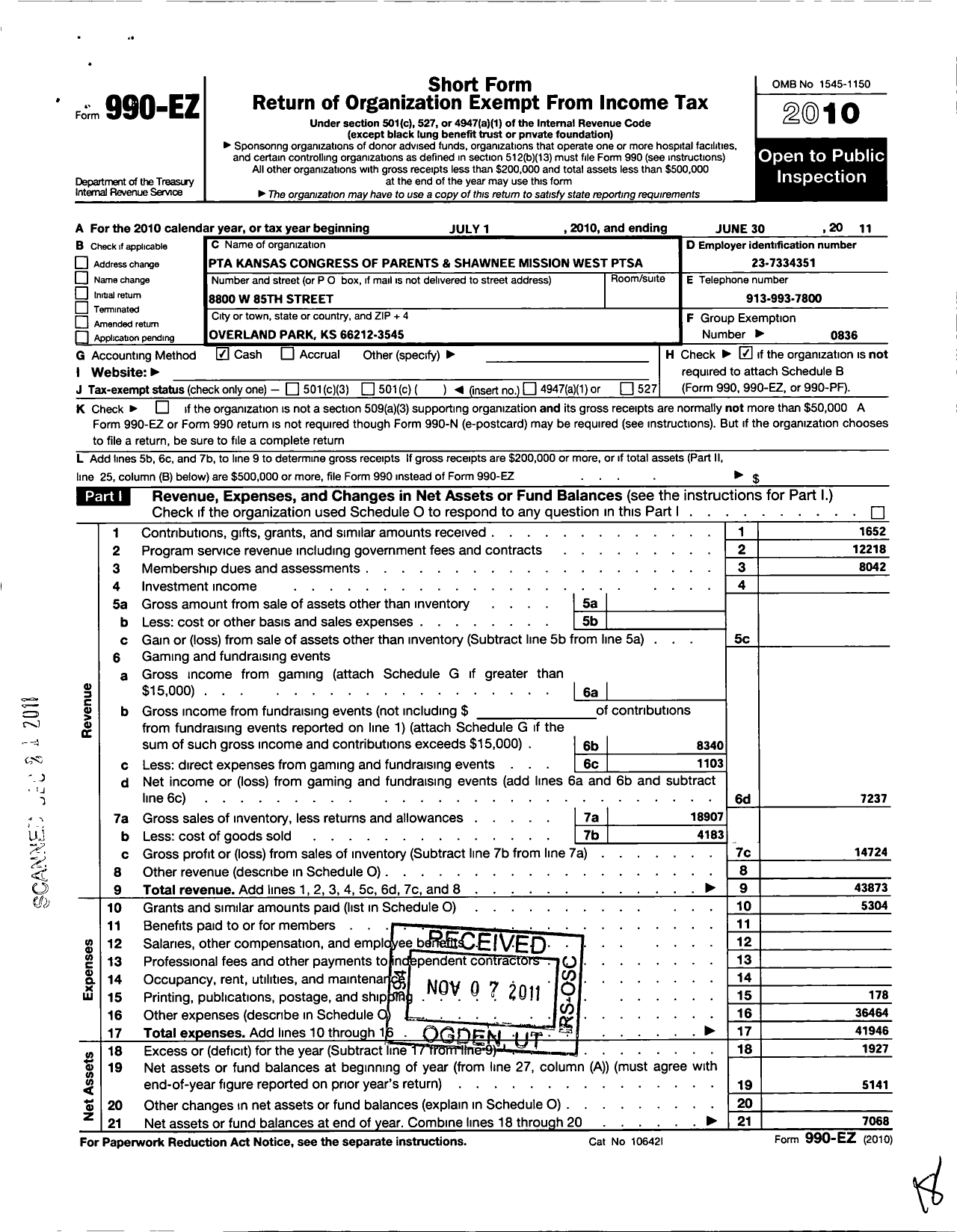 Image of first page of 2010 Form 990EO for PTA Kansas Congress of Parents and Teachers / Shawnee Missiom West High PTA