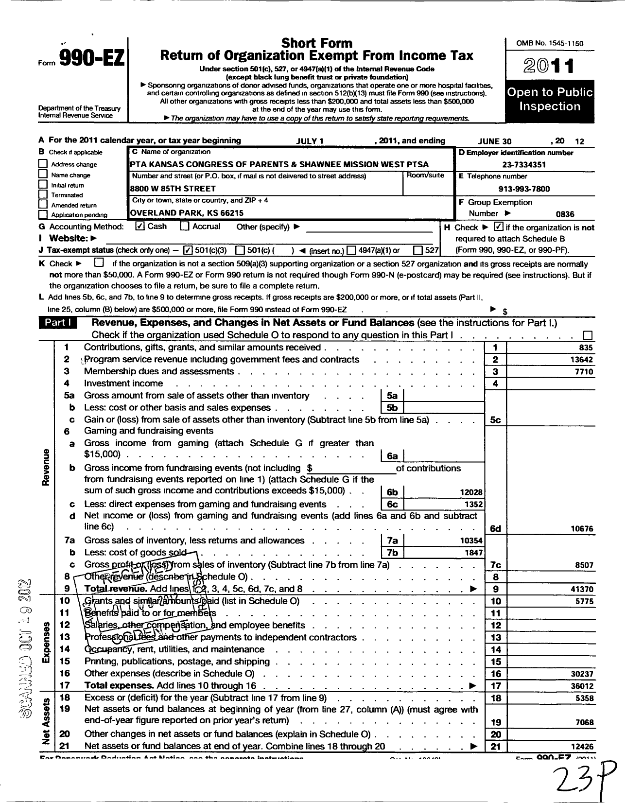 Image of first page of 2011 Form 990EZ for PTA Kansas Congress of Parents and Teachers / Shawnee Missiom West High PTA