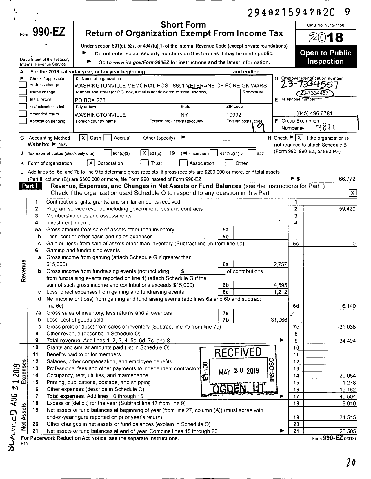 Image of first page of 2018 Form 990EO for Washingtonville Memorial Post 8691 Post Veterans of Foreign Wars