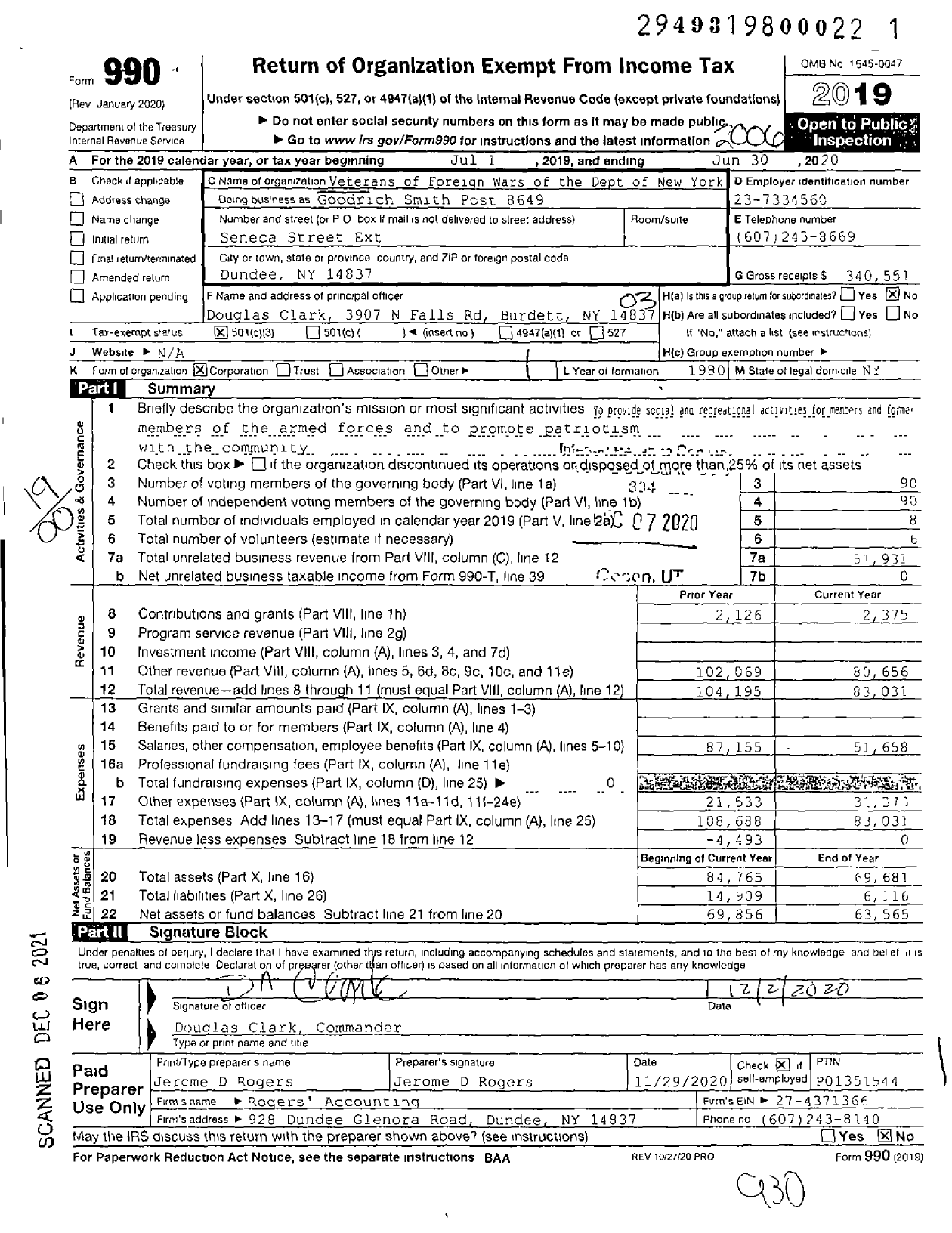 Image of first page of 2019 Form 990O for Department of Ny VFW - Goodrich Smith Post 8649