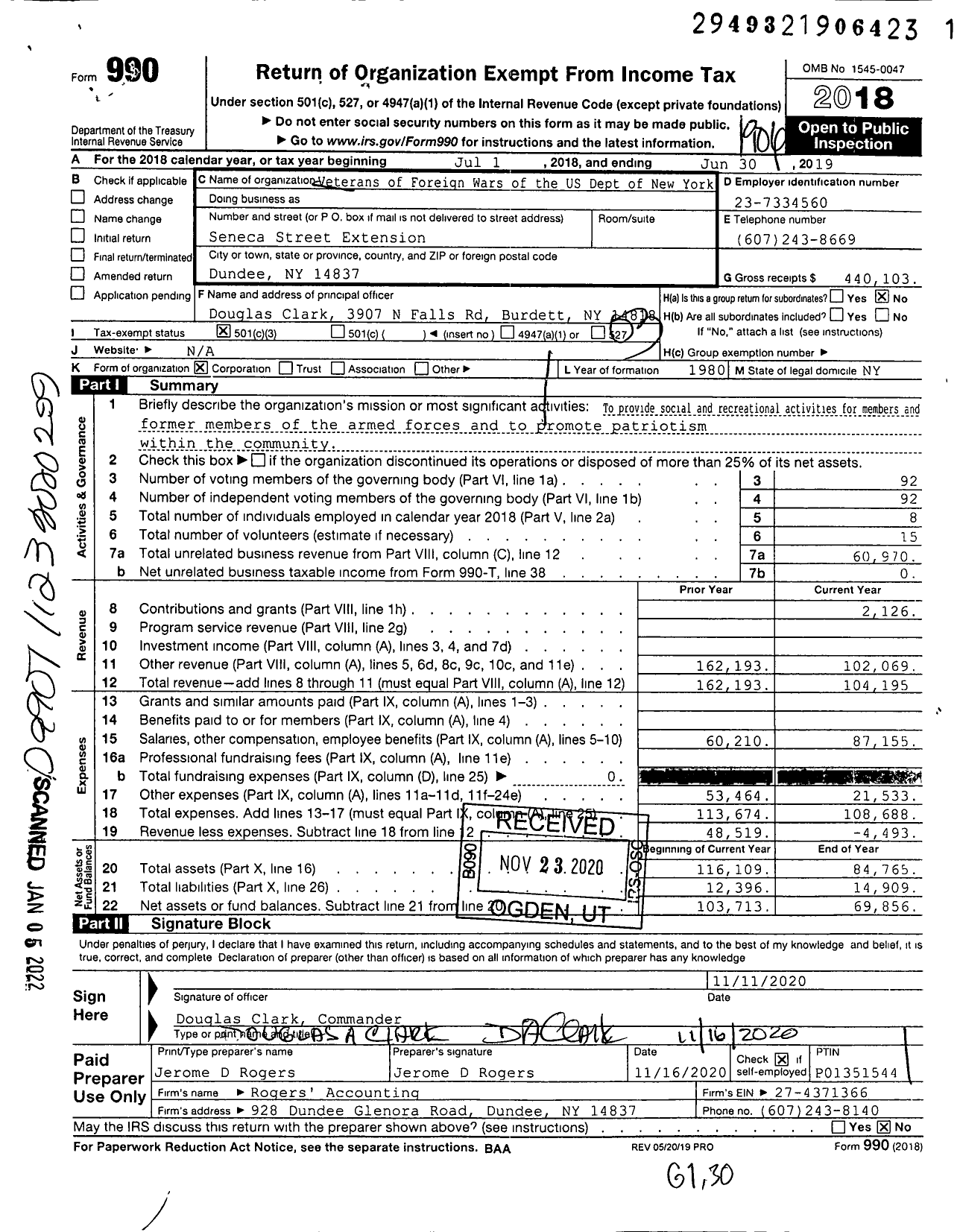 Image of first page of 2018 Form 990 for Department of Ny VFW - Goodrich Smith Post 8649