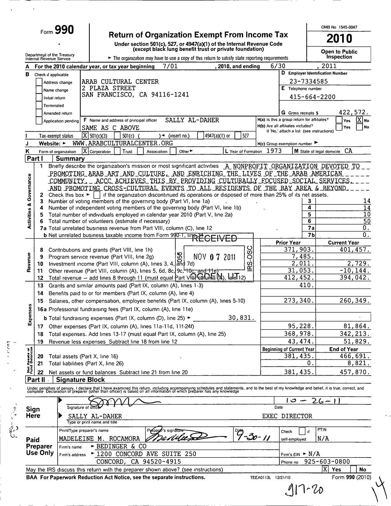 Image of first page of 2010 Form 990 for Arab Cultural Center