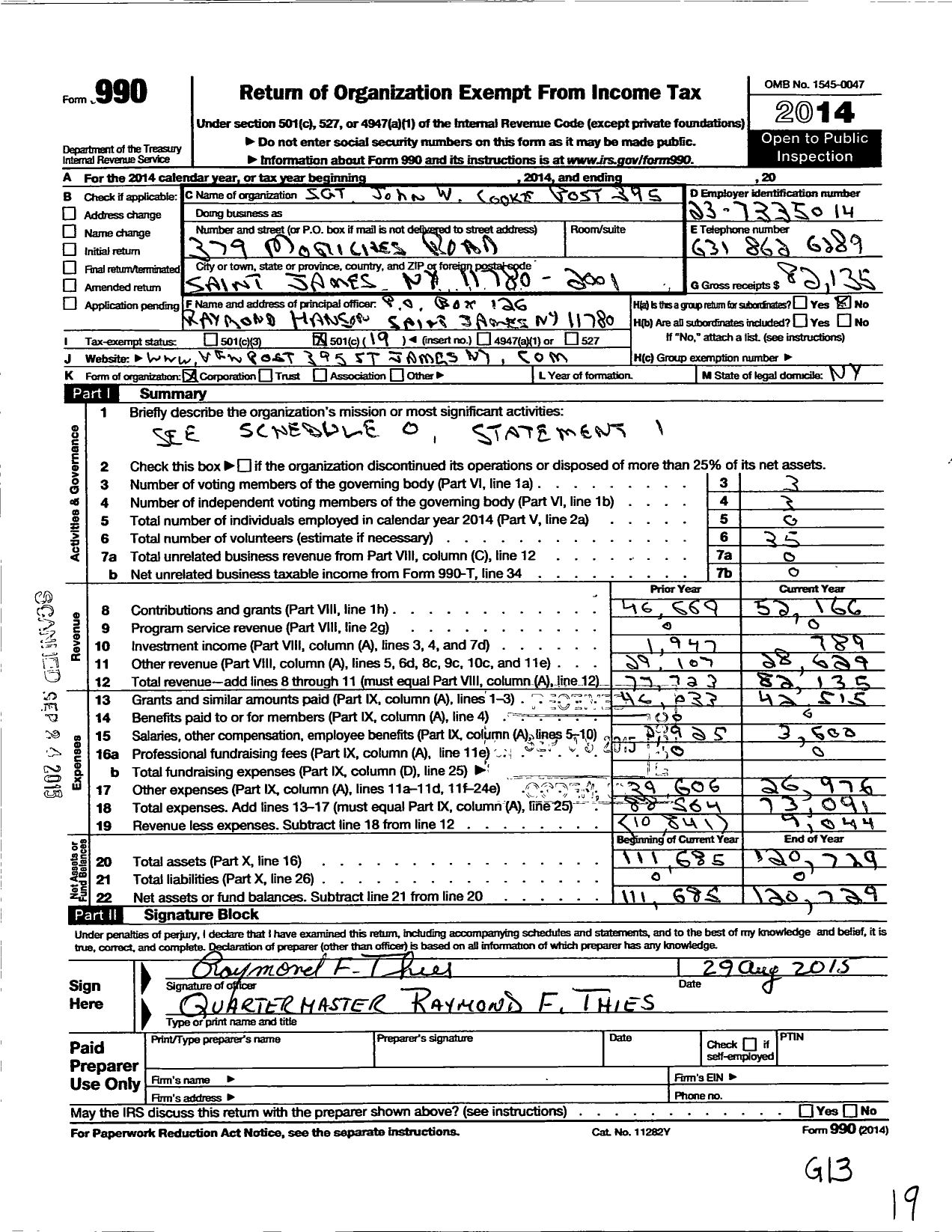 Image of first page of 2014 Form 990O for Department of Ny VFW - 395 Vfw-Ny SGT John W Cooke