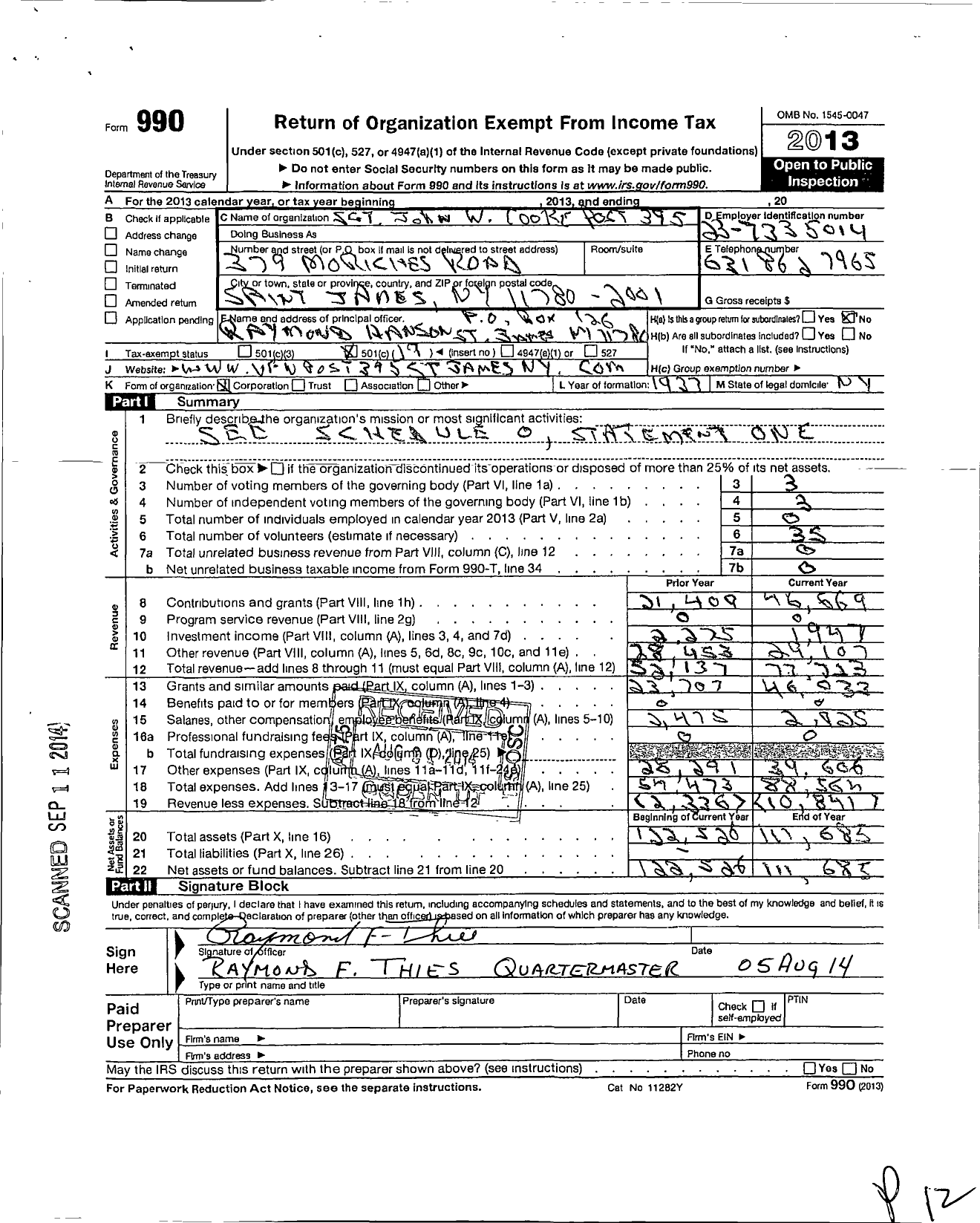 Image of first page of 2013 Form 990O for Department of Ny VFW - 395 Vfw-Ny SGT John W Cooke