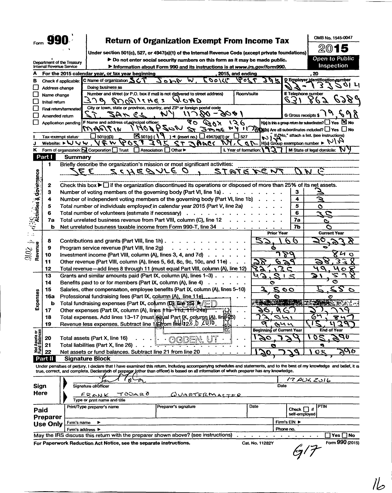 Image of first page of 2015 Form 990O for Department of Ny VFW - 395 Vfw-Ny SGT John W Cooke