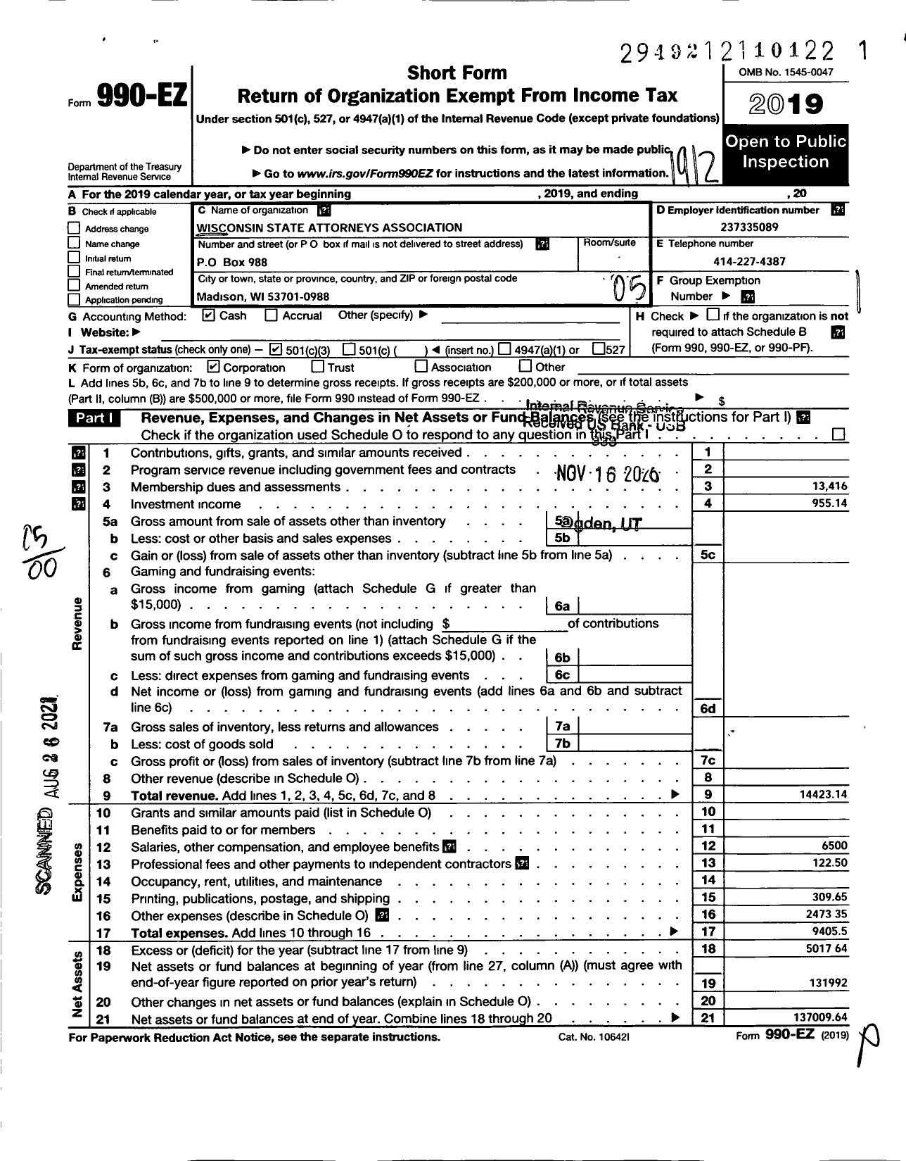 Image of first page of 2019 Form 990EO for Wisconsin State Attorneys Association