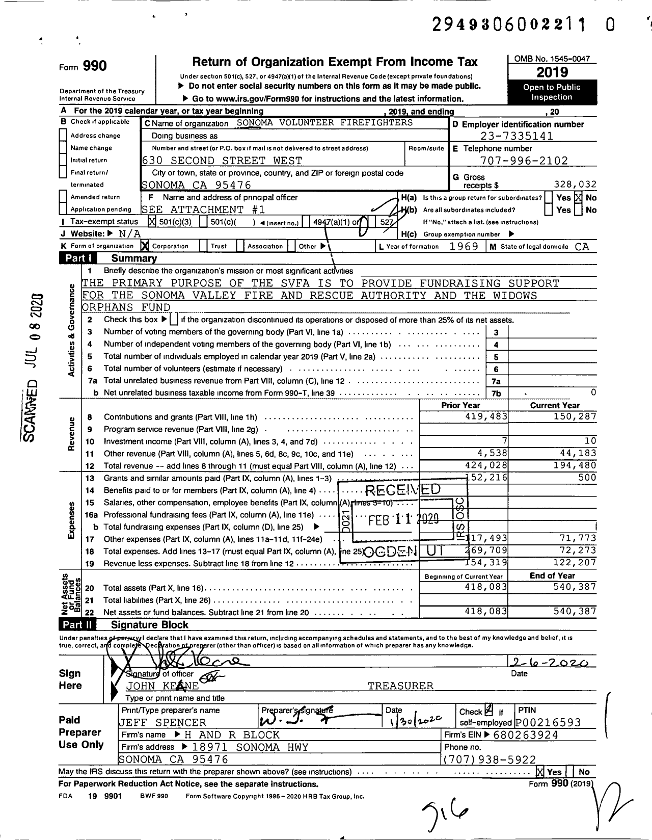 Image of first page of 2019 Form 990 for Sonoma Volunteer Firefighters Association