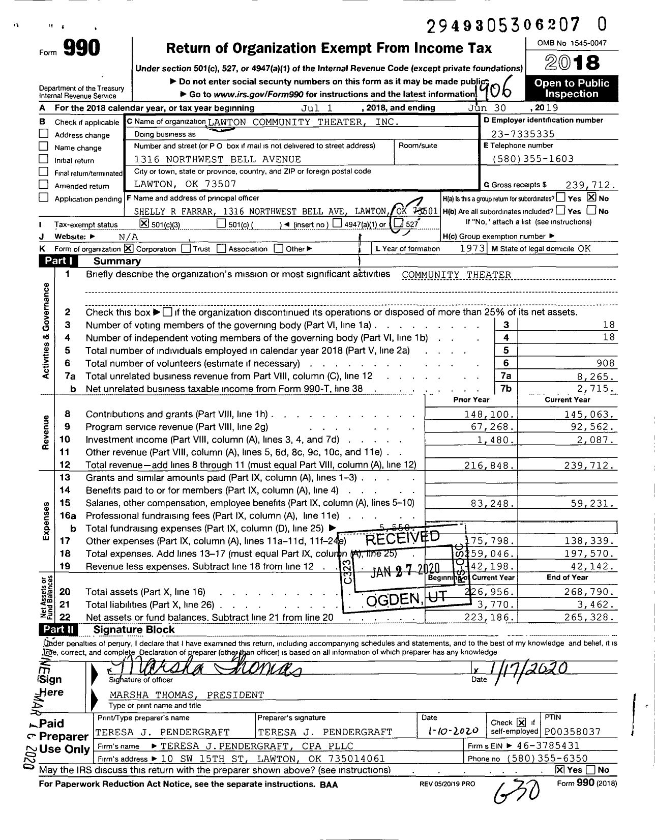 Image of first page of 2018 Form 990 for Lawton Community Theater