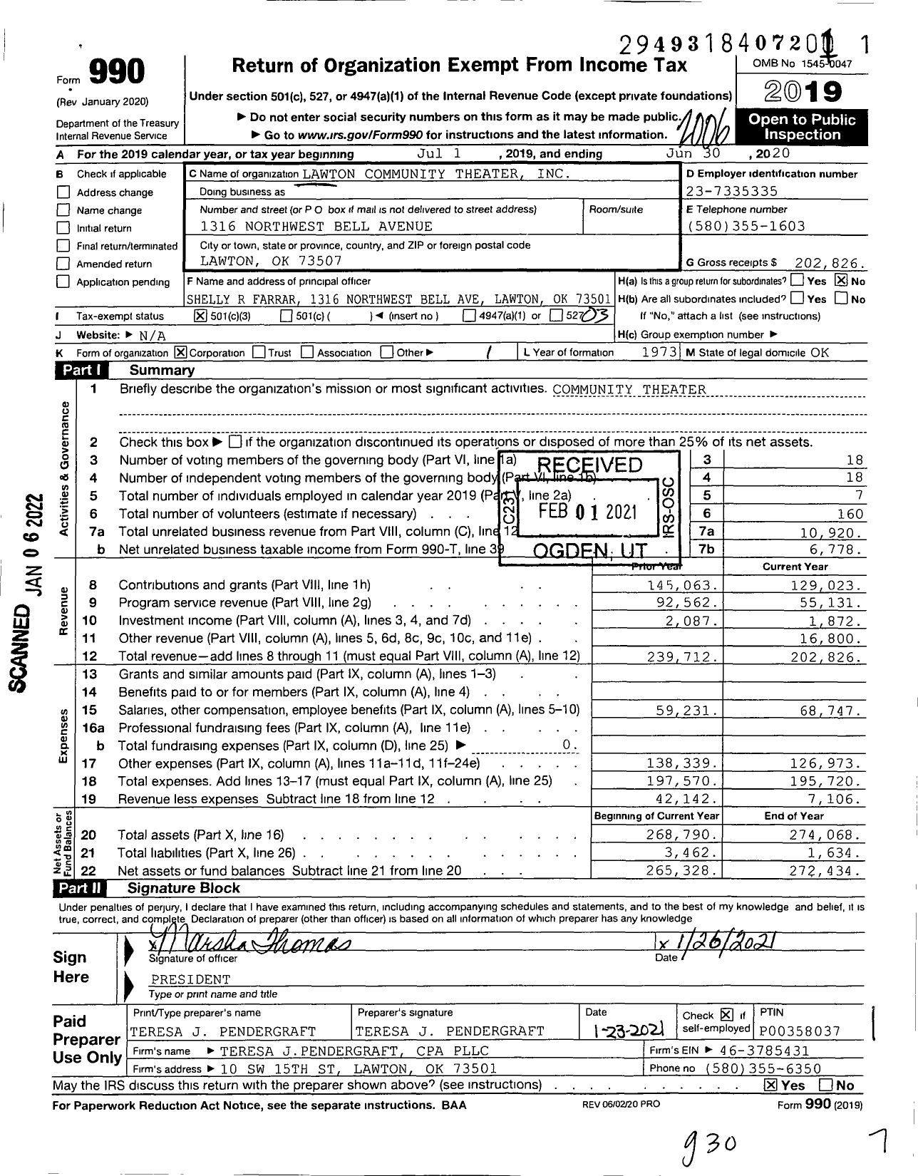 Image of first page of 2019 Form 990 for Lawton Community Theater