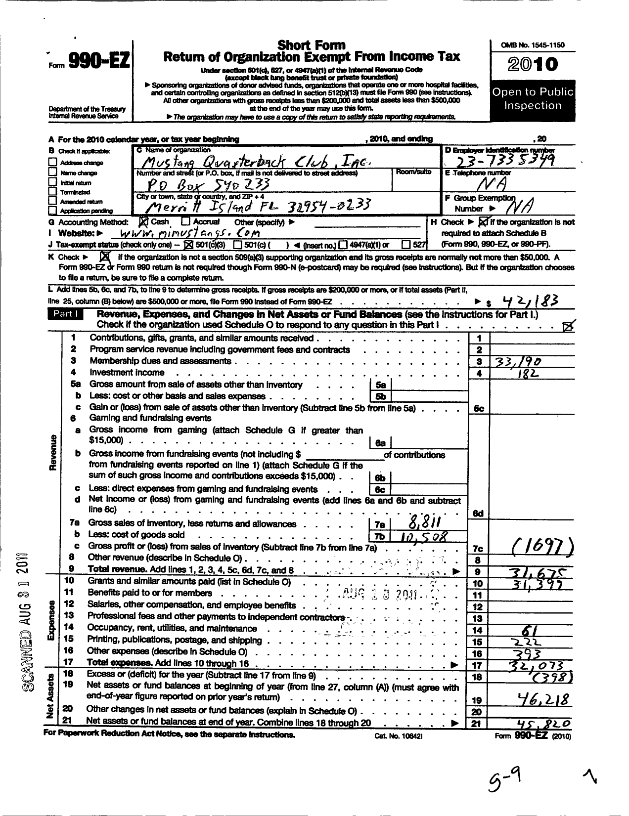 Image of first page of 2010 Form 990EZ for Mustang Quarterback Club