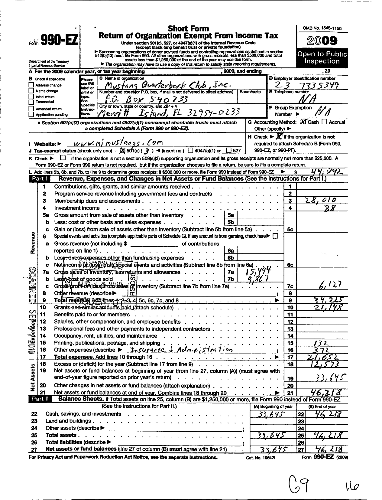 Image of first page of 2009 Form 990EZ for Mustang Quarterback Club