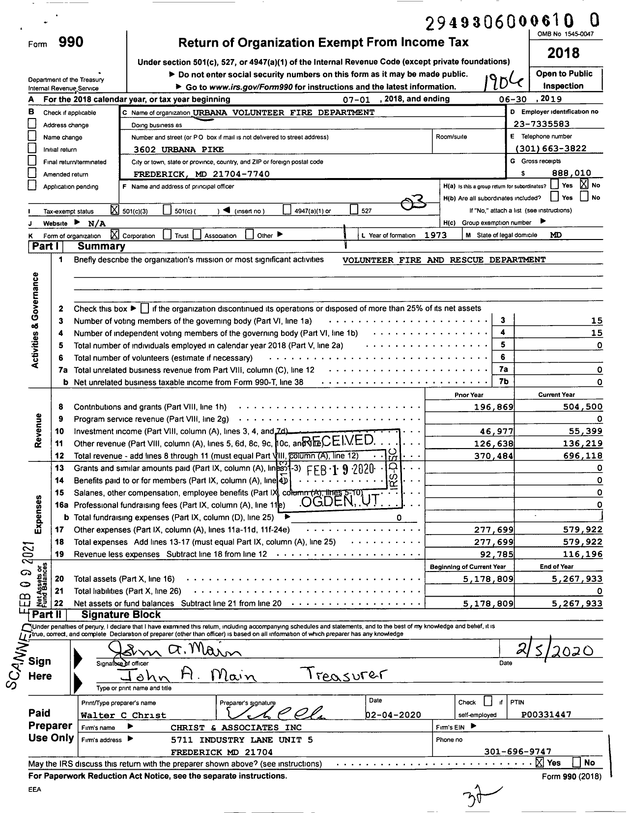 Image of first page of 2018 Form 990 for Urbana Volunteer Fire Department