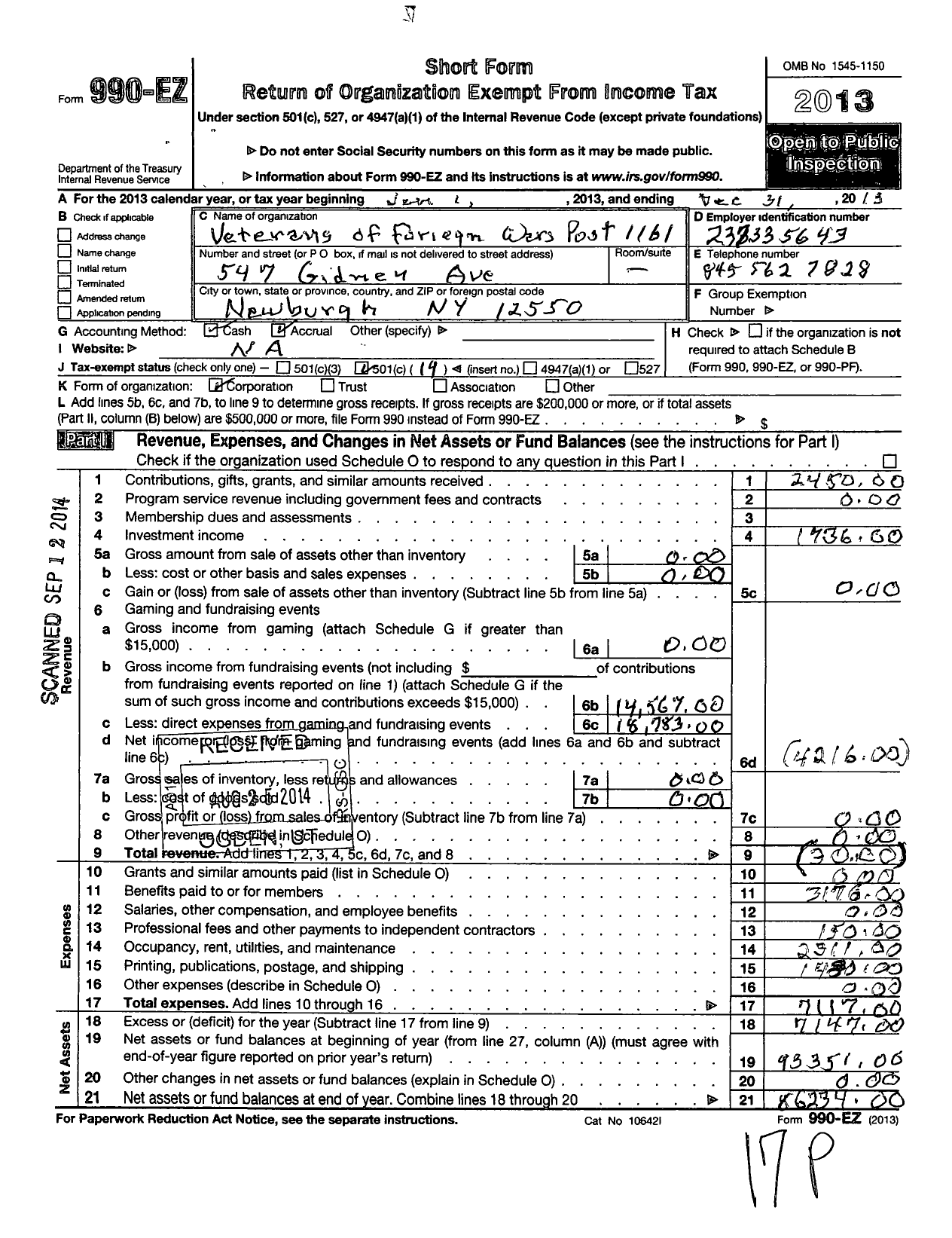 Image of first page of 2013 Form 990EO for Department of Ny VFW - 1161 Vfw-Ny