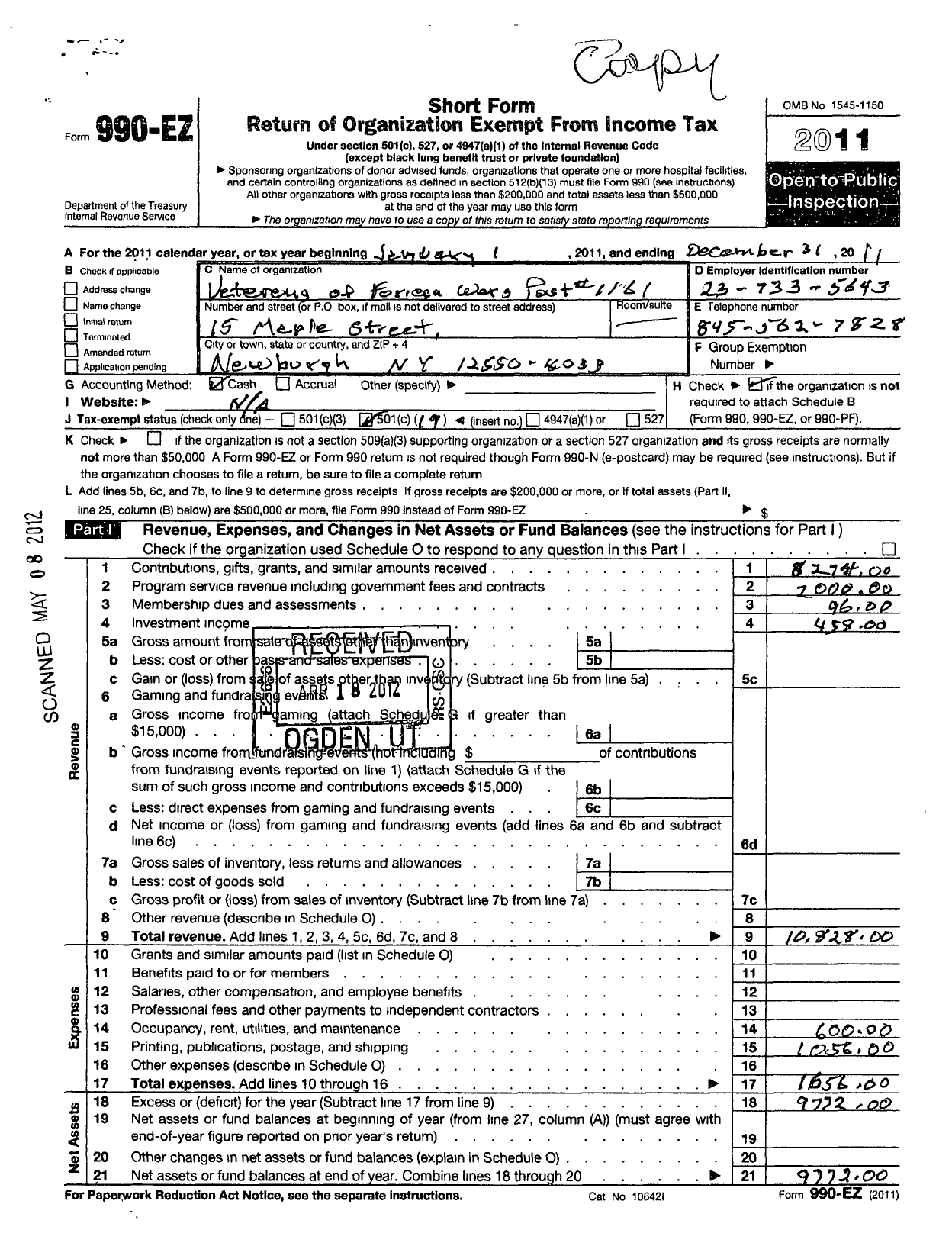 Image of first page of 2011 Form 990EO for Department of Ny VFW - 1161 Vfw-Ny