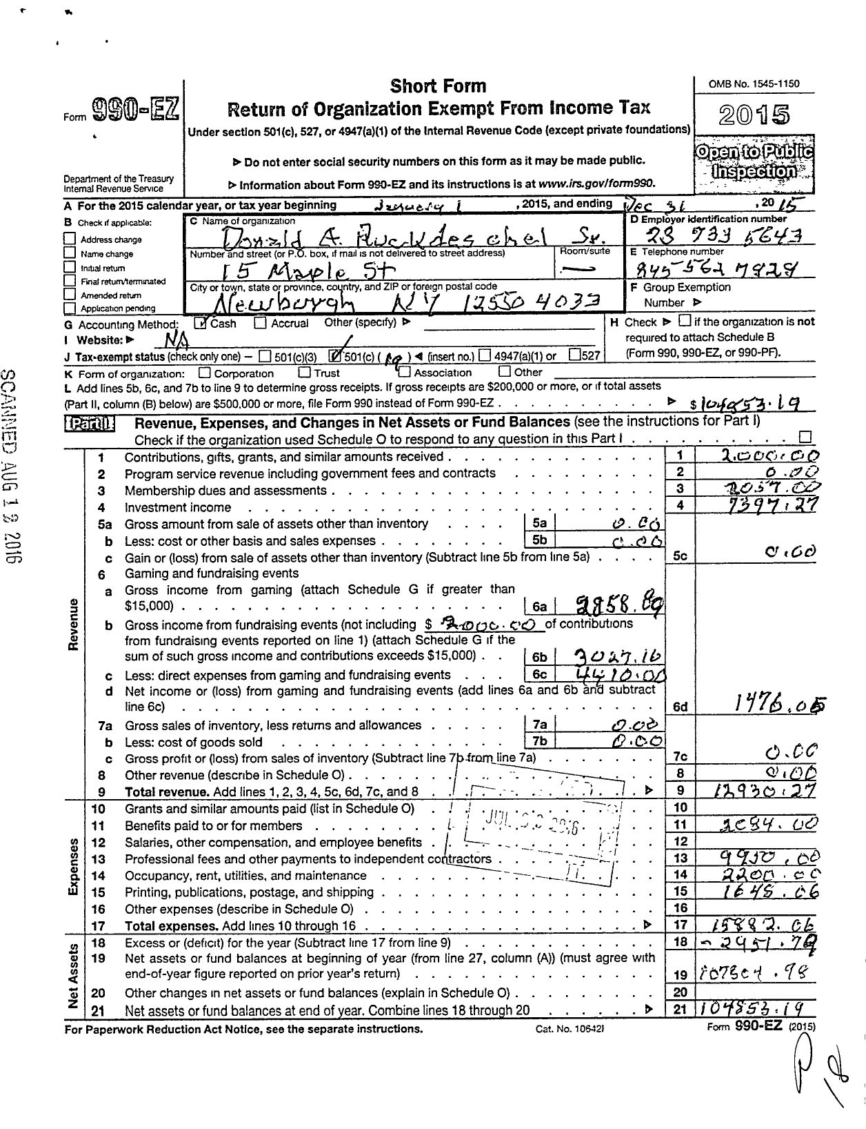 Image of first page of 2015 Form 990EO for Department of Ny VFW - 1161 Vfw-Ny