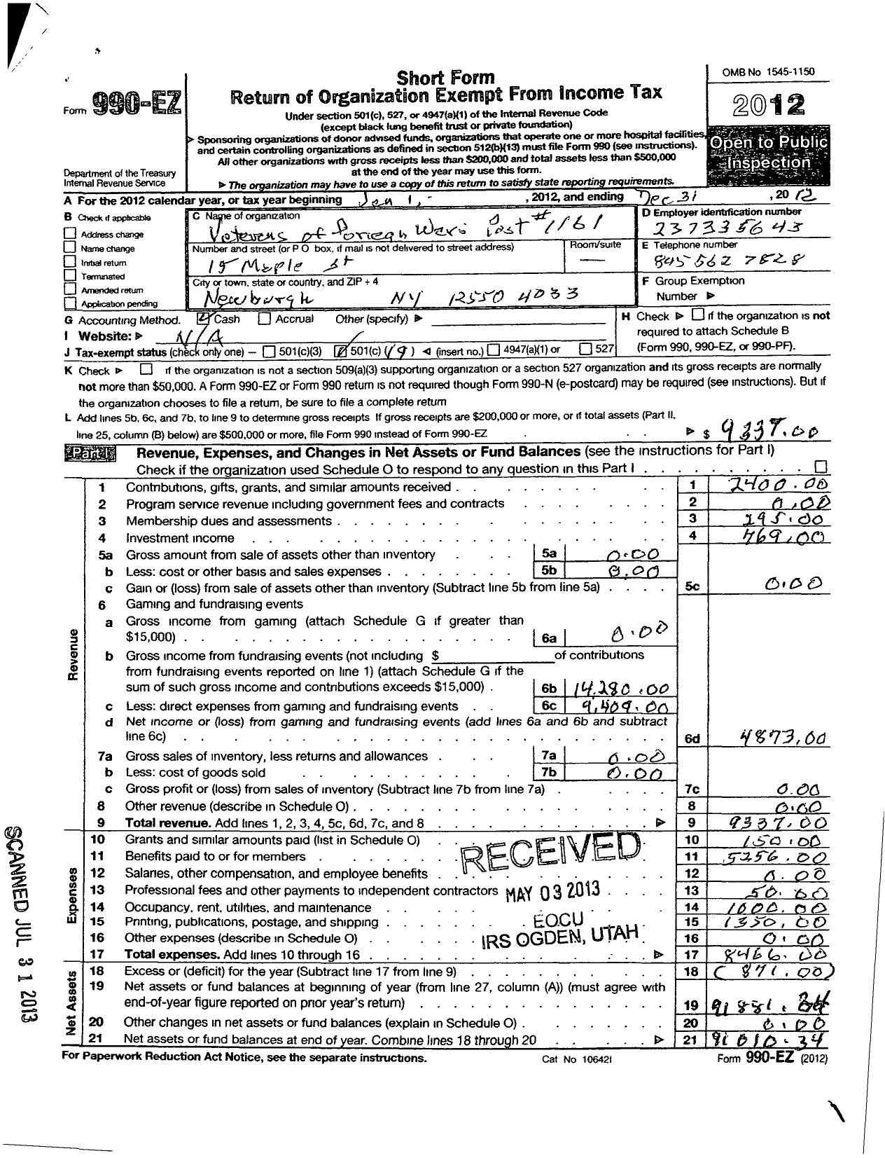 Image of first page of 2012 Form 990EO for Department of Ny VFW - 1161 Vfw-Ny