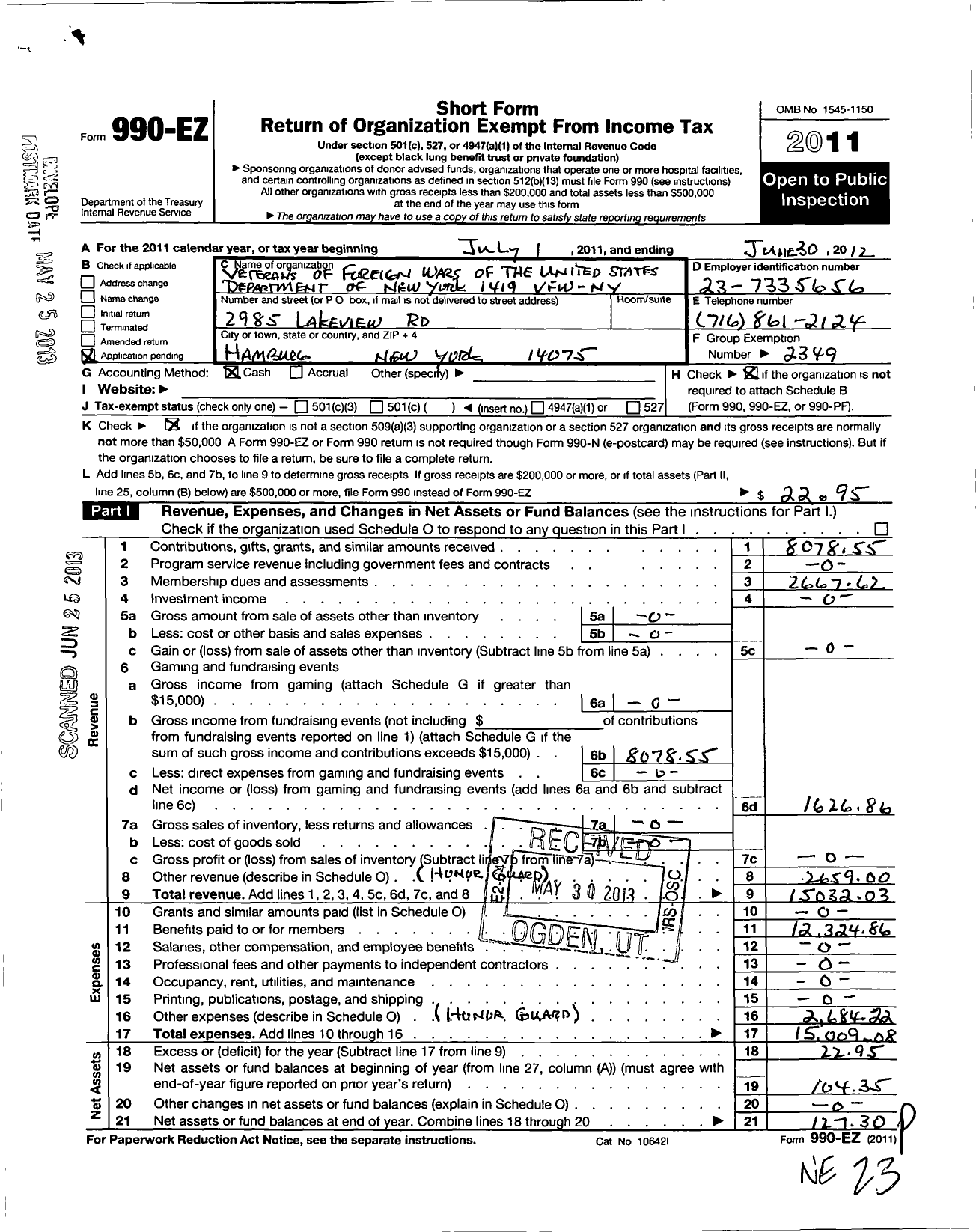 Image of first page of 2011 Form 990EO for Veterans of Foreign Wars Post Number 1419