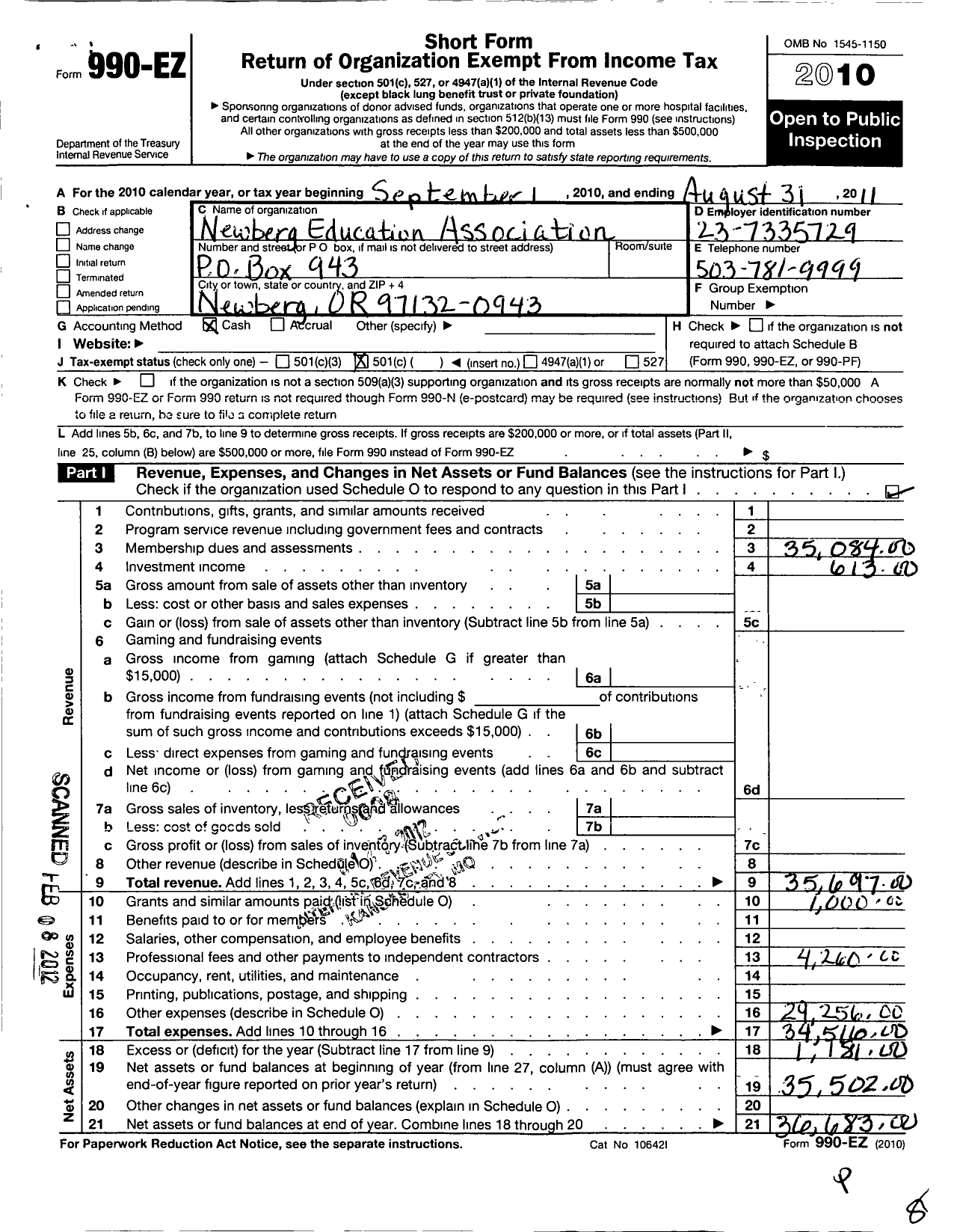 Image of first page of 2010 Form 990EO for Newberg Education Association