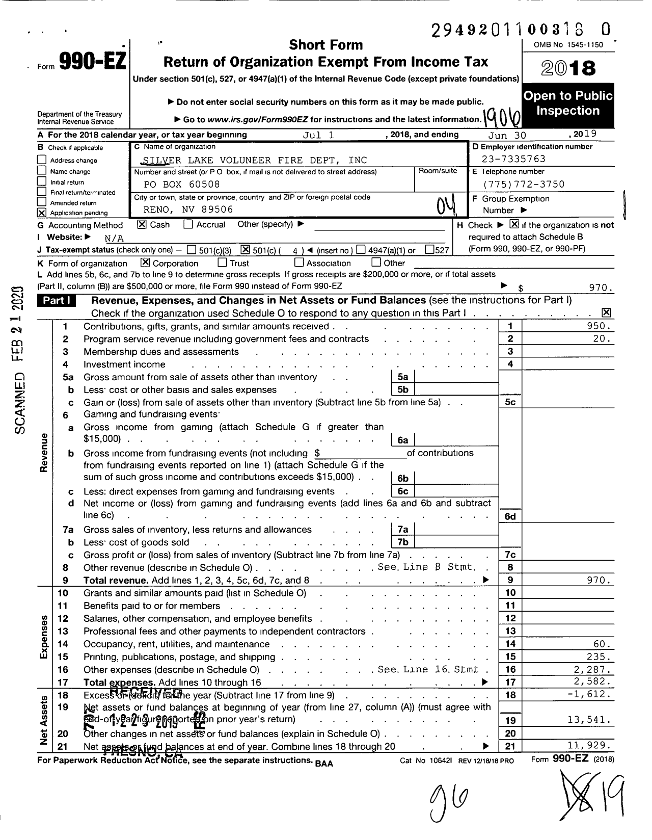 Image of first page of 2018 Form 990EO for Silver Lake Volunteer Fire Department