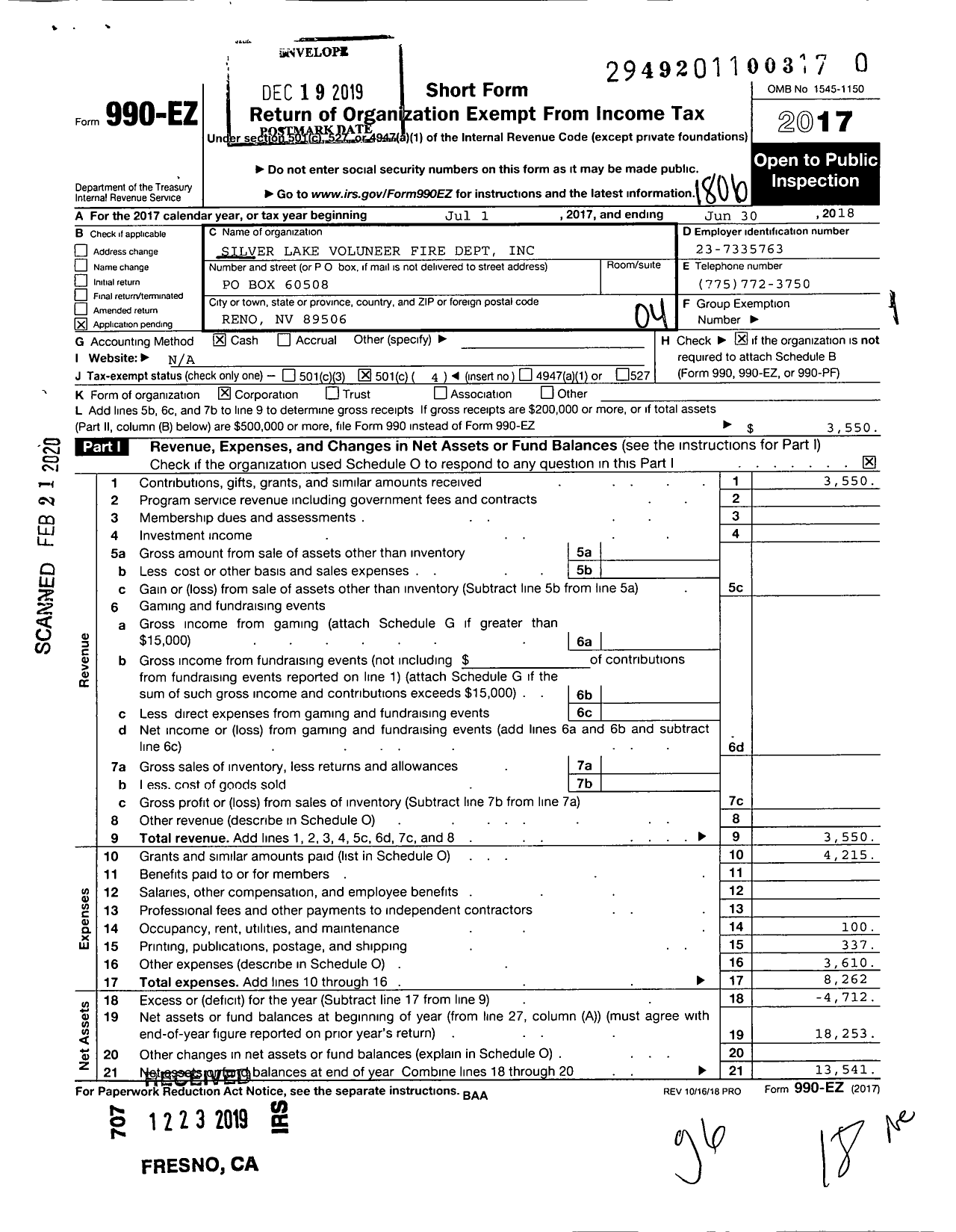 Image of first page of 2017 Form 990EO for Silver Lake Volunteer Fire Department