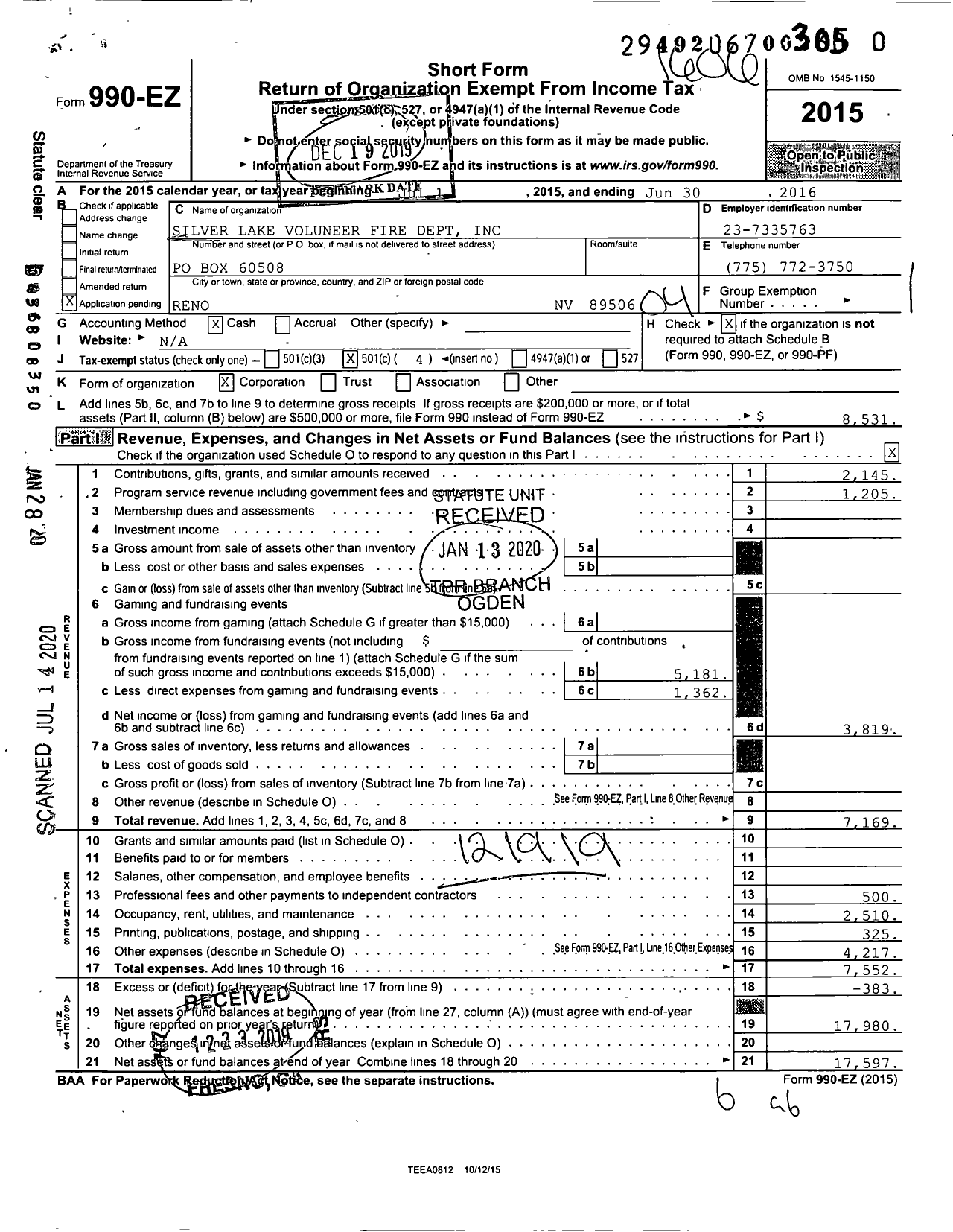 Image of first page of 2015 Form 990EO for Silver Lake Volunteer Fire Department