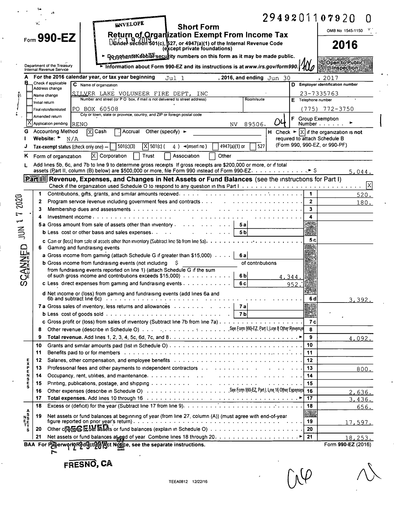 Image of first page of 2016 Form 990EO for Silver Lake Volunteer Fire Department