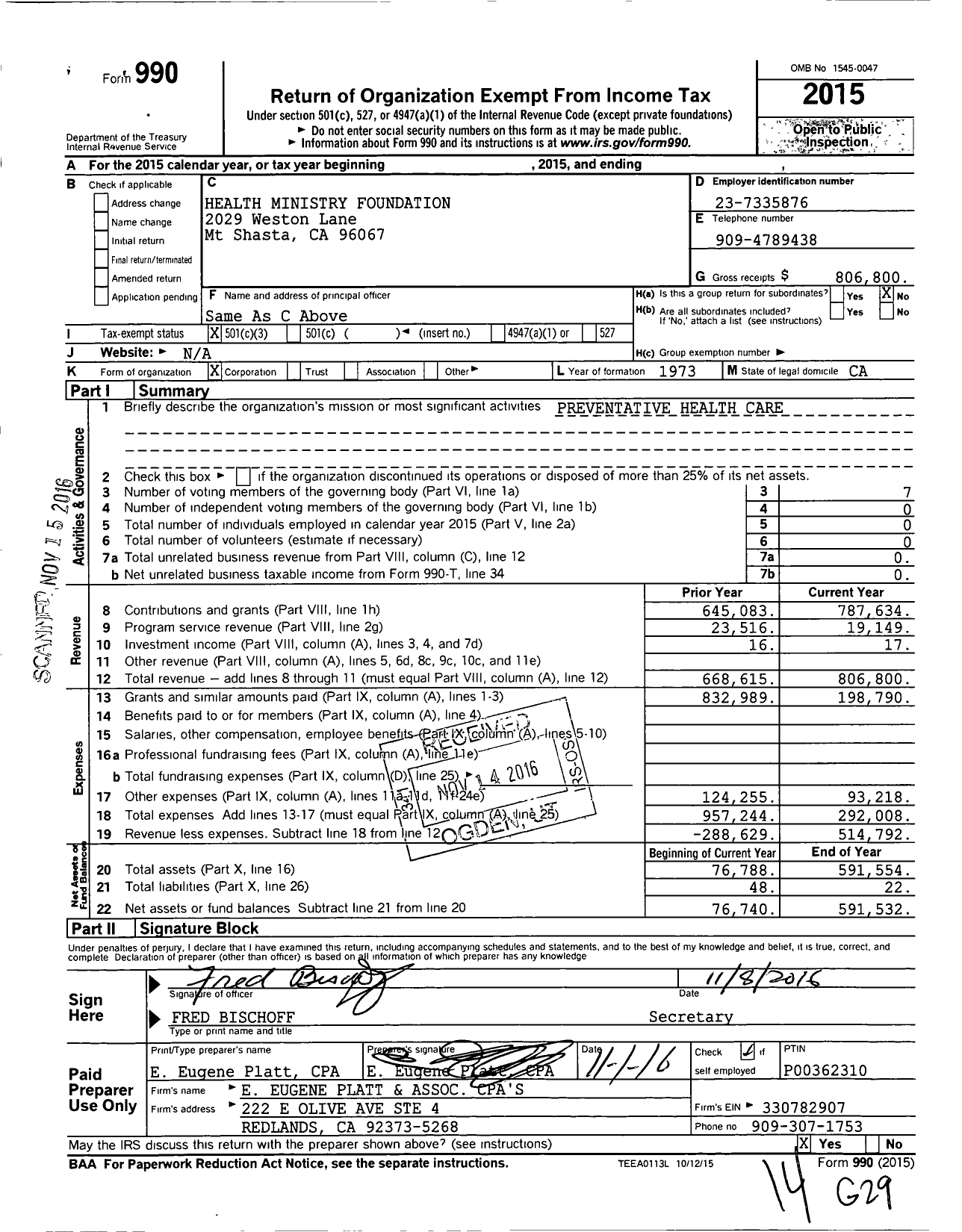 Image of first page of 2015 Form 990 for Health Ministry Foundation