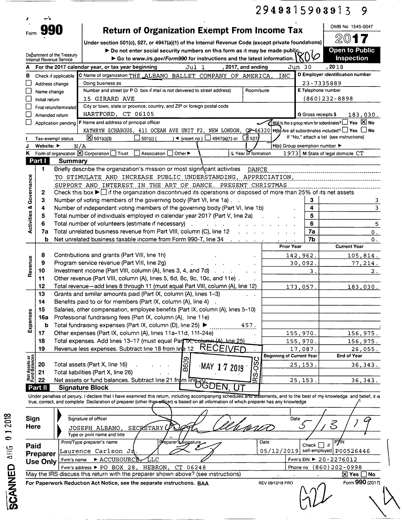 Image of first page of 2017 Form 990 for The Albano Ballet Company of America