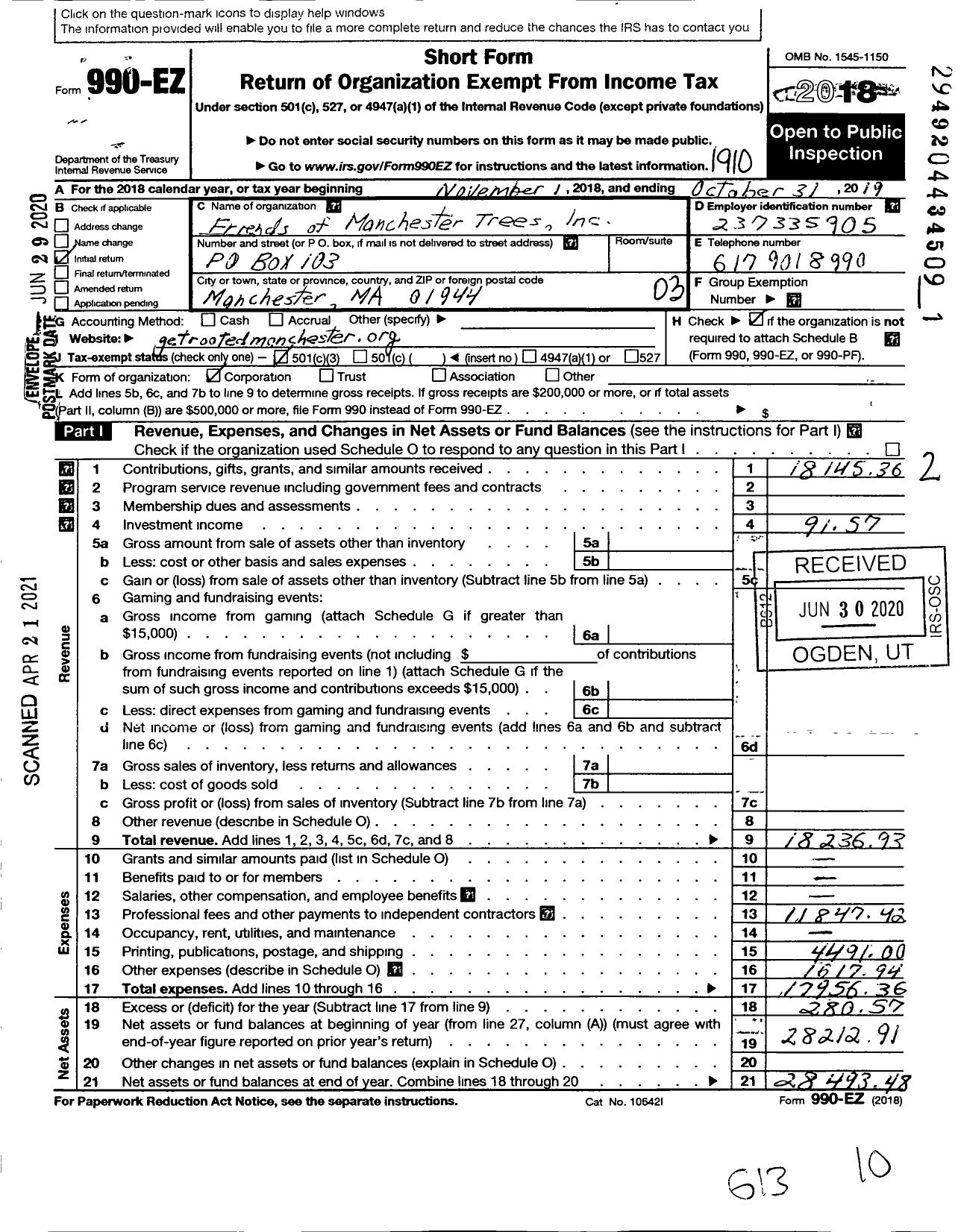 Image of first page of 2018 Form 990EZ for Friends of Manchester Trees