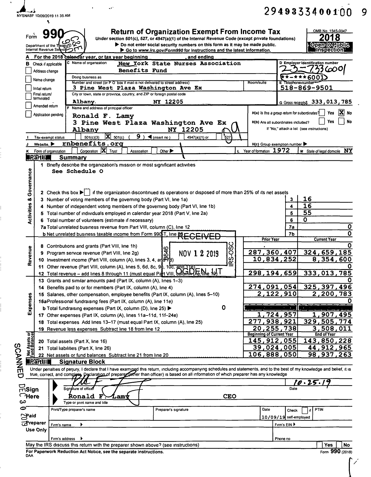 Image of first page of 2018 Form 990O for New York State Nurses Association Pension Plan and Benefits Fund