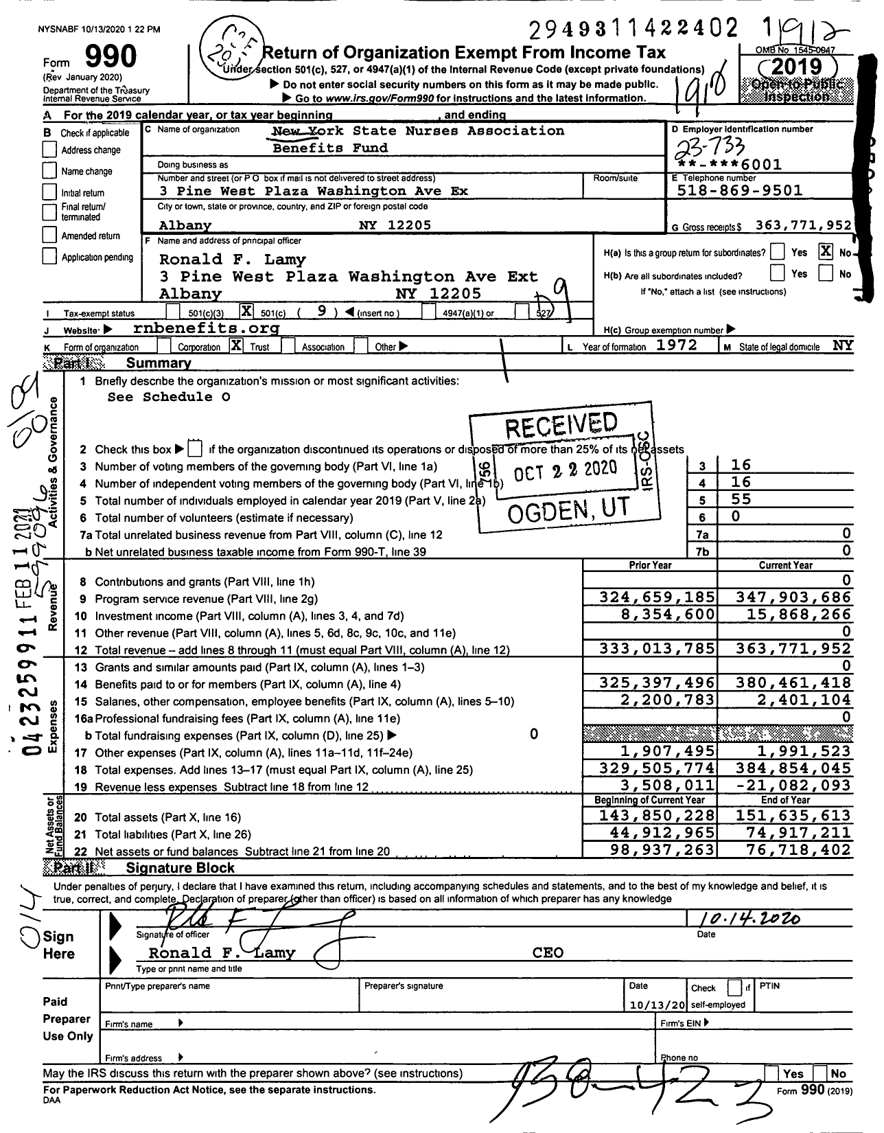Image of first page of 2019 Form 990O for New York State Nurses Association Pension Plan and Benefits Fund