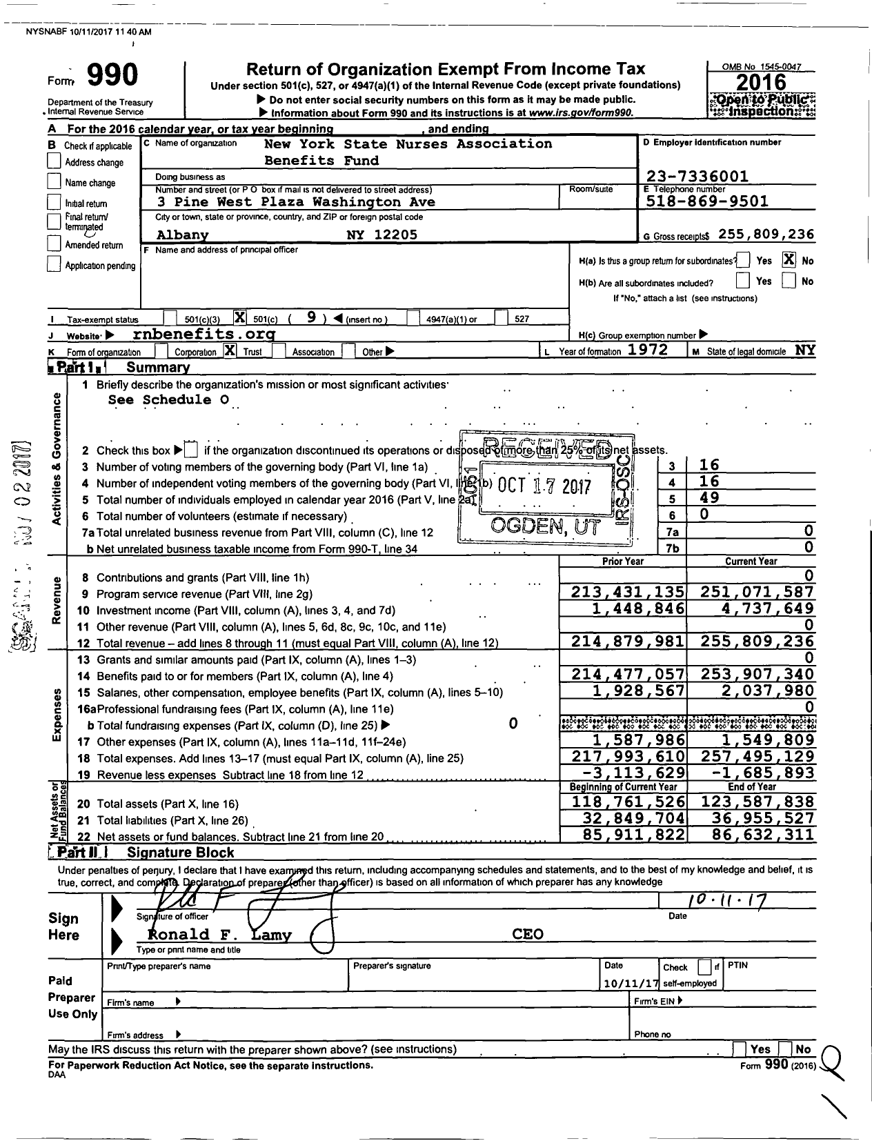 Image of first page of 2016 Form 990O for New York State Nurses Association Pension Plan and Benefits Fund